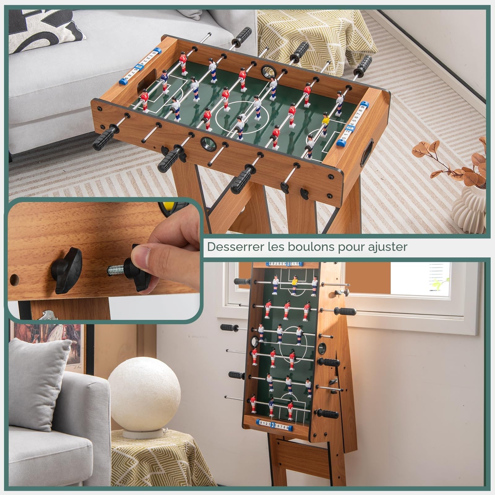 HOMASIS Baby-Foot Pliant en Bois pour Enfant, Table de Jeux Enfant avec 6 Tiges, 18 Joueurs, 2 Caolcio et Marque-Points, Table de Jeux Multifonction pour Enfants et Adultes, 69 x 60 x 71 cm