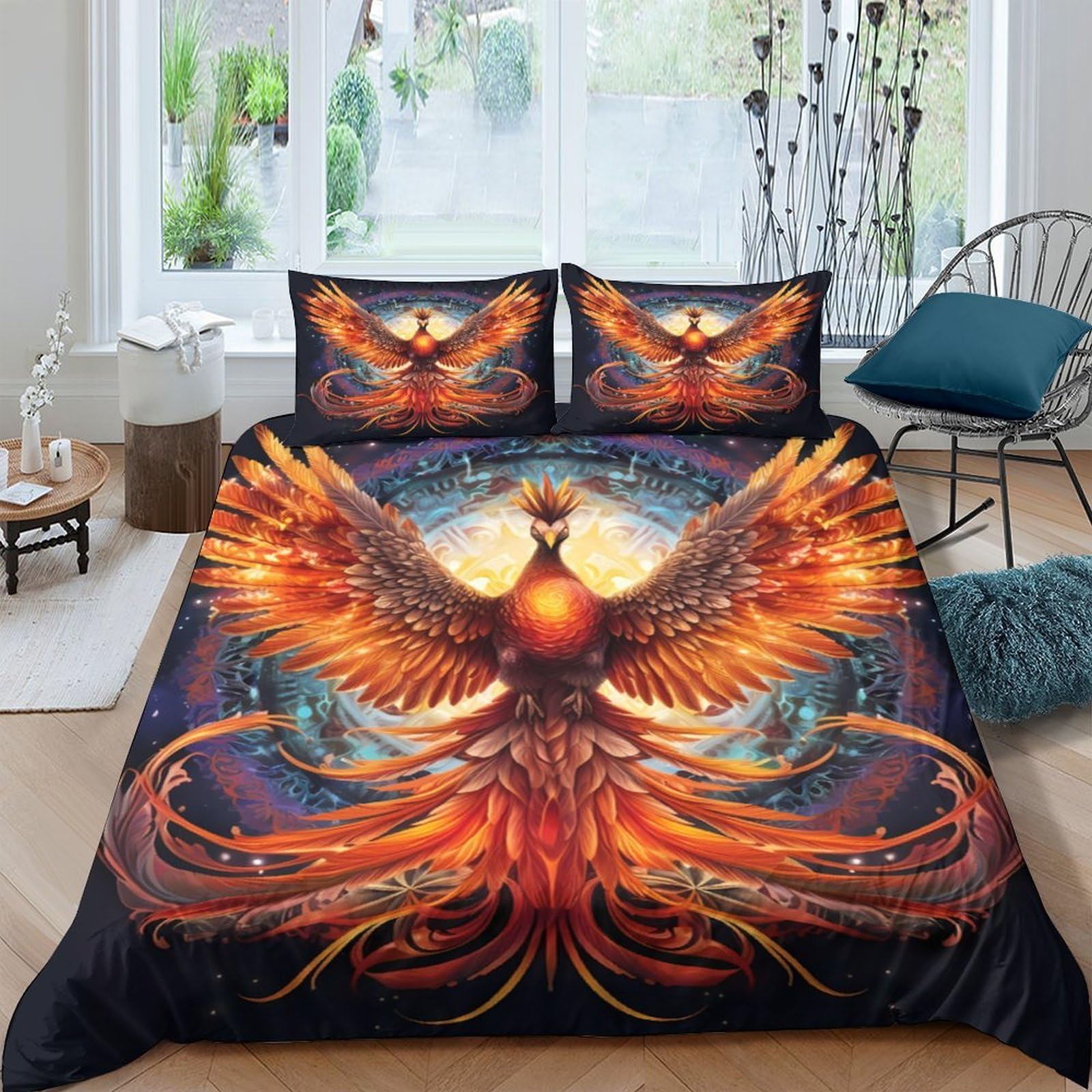 Ctjqhvkz Style-3 3D Printed Phoenix Fire Fitted Sheet Microfiber Breathable Sunburst Bed Cover For Bedroom Guest Room Mattress Decor Single（135X200cm）