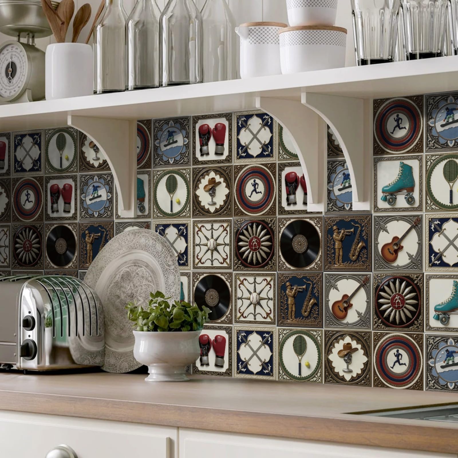 Azulejos Adhesivos Baño 15x15 cm Guitarra Marrón Vinilo Pared Cocina Pelar Y Pegar Impermeable para Muebles Chimenea Gabinete Baldosas Adhesivas Pared Decorativos 24 Piezas