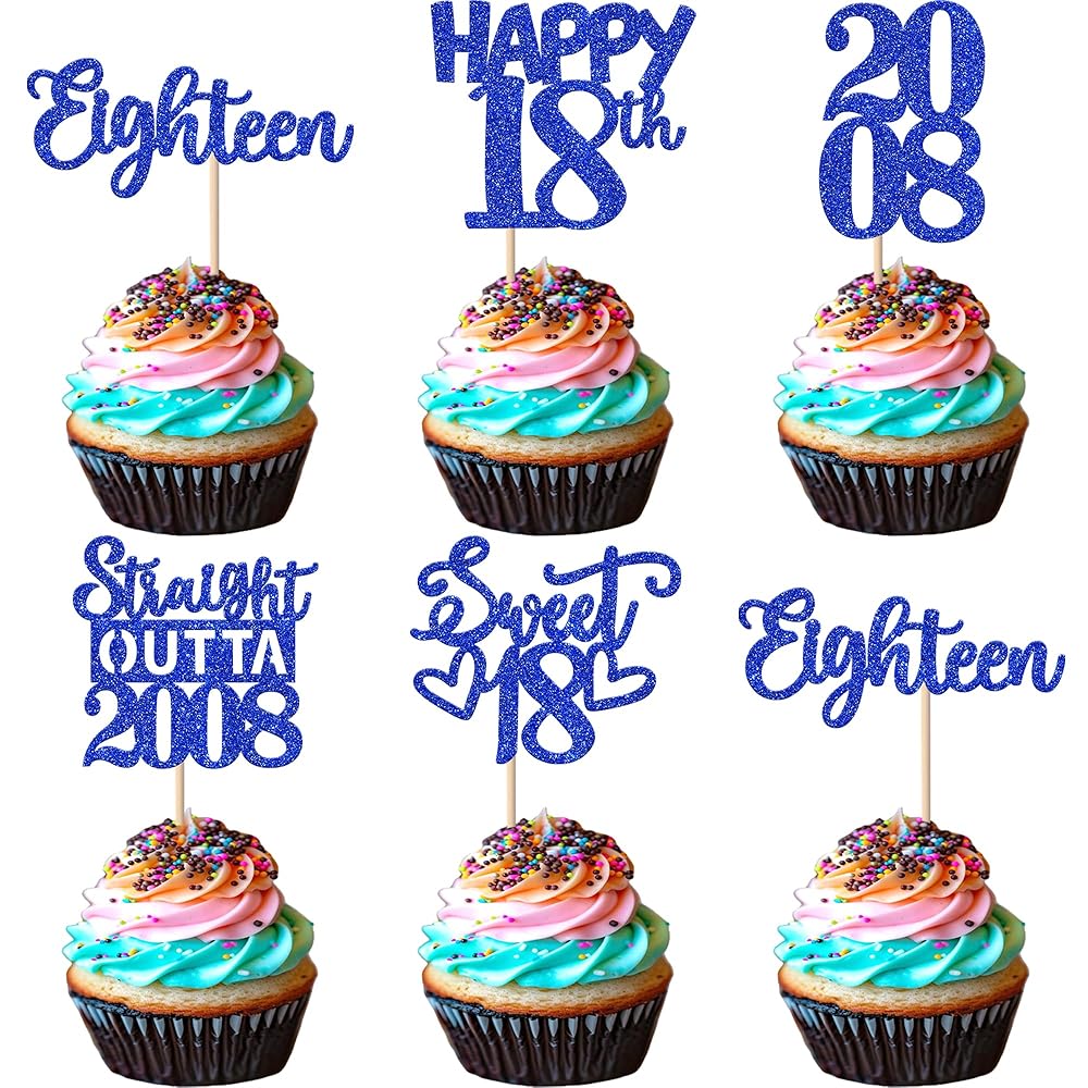 30 PCS 18th Birthday Cupcake Toppers Glitter Eighteen Happy 18 Straight Outta 2008 Cupcake Picks for Cheers to 18 Fabulous 18th Birthday Anniversary Party Cake Decorations Supplier Blue