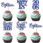 30 PCS 18th Birthday Cupcake Toppers Glitter Eighteen Happy 18 Straight Outta 2008 Cupcake Picks for Cheers to 18 Fabulous 18th Birthday Anniversary Party Cake Decorations Supplier Blue