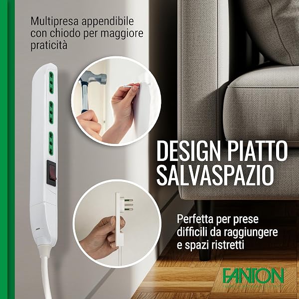 FANTON 47402 Multipresa SLIM 1,5 metri 3 prese bipasso, interruttore di sovraccarico con spina piccola CLOCK utile per posti stretti, dietro a mobili e comodini - 4