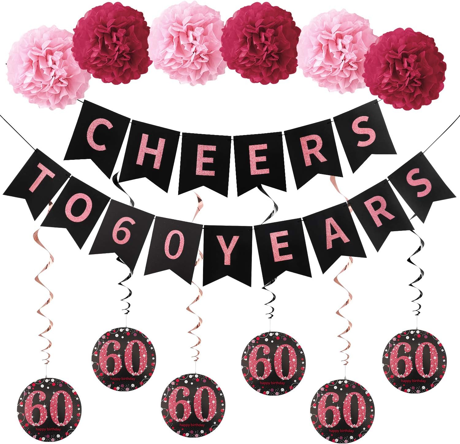 60th Birthday Party Decorations Kit for Women - Cheers to 60 Years Banner, 6Pcs Celebration 60 Hanging Swirls, 6Pcs Poms, 60 Years Old Birthday Party Supplies 60th Anniversary Decorations(Rose Gold)