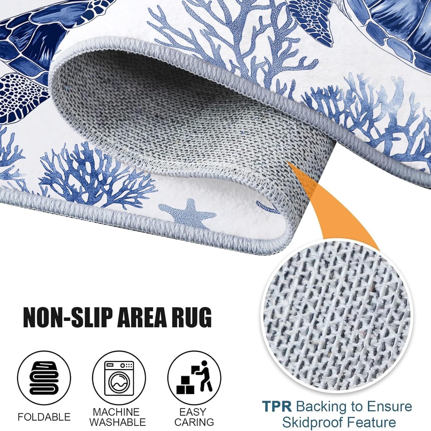 Non-Slip Round Area Rug 2' x 2', Watercolor Hand Painted Turtle Corals Washable Rug Runner - Cartoon Turtle Soft Low Pile Circle Carpet 2 ft for Kitchen Entryway Laundry Living Room Dining Room Carpet