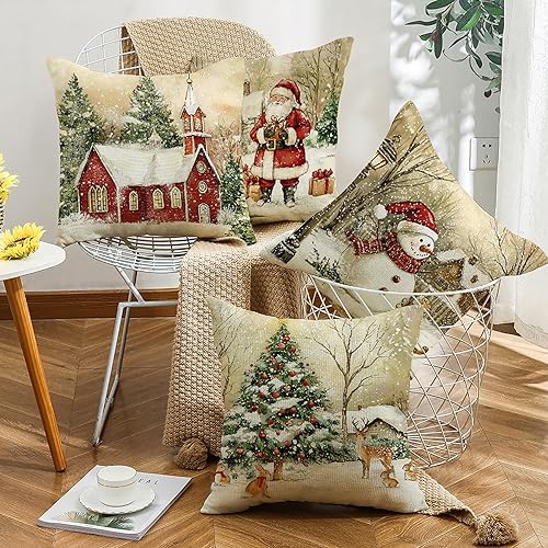 Miniatura 6 de Juego de 4 fundas de almohada retro vintage de Navidad de 18 x 18 pulgadas, fundas de almohada de Navidad con diseño de iglesia nevada, Papá Noel,
