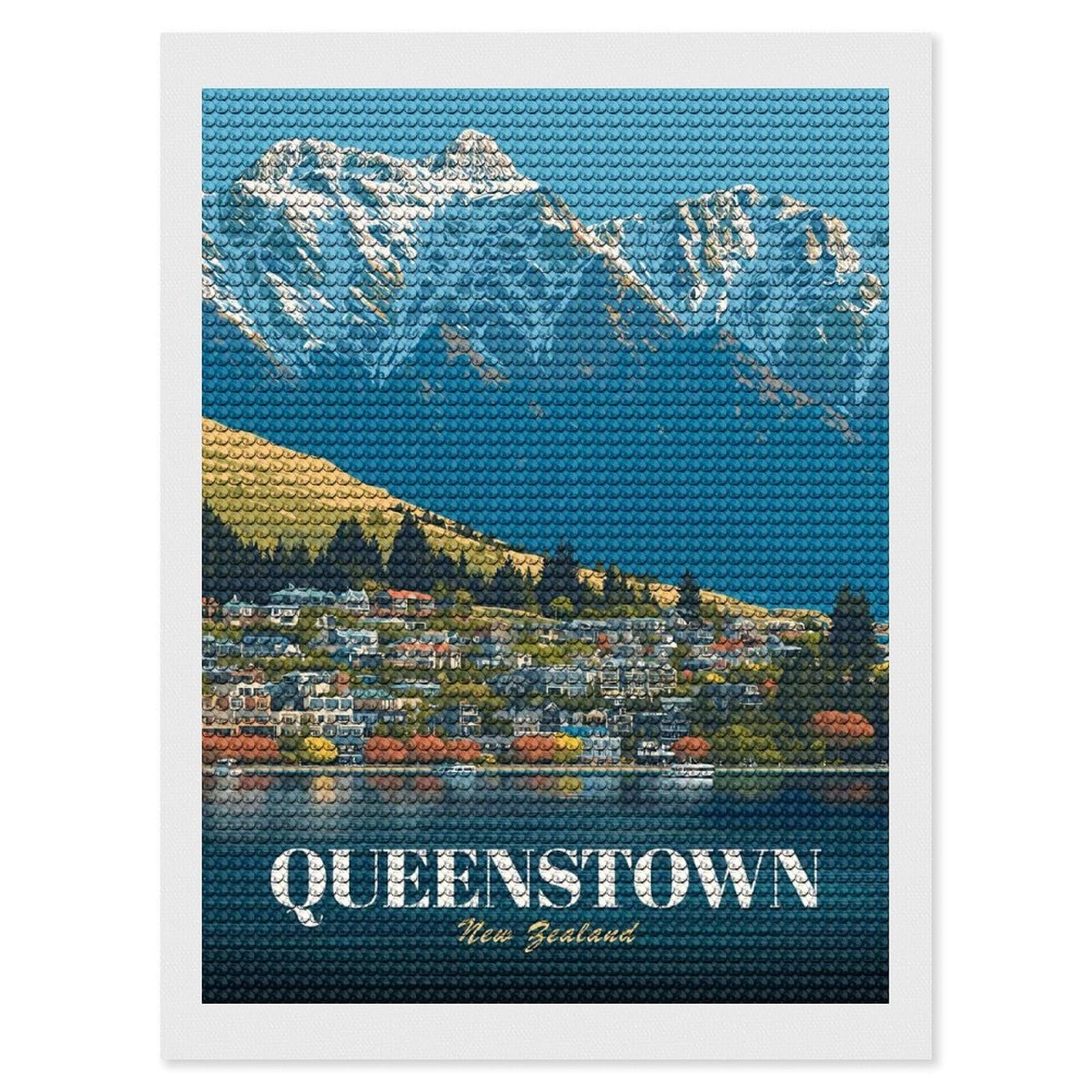 Junmoney Queenstown New Zealand Vintage Diamond Painting Set 12"x16", Modern Decor, for Beginners, Printed Canvas, Thoughtful Handmade Gift, with Tool Kit