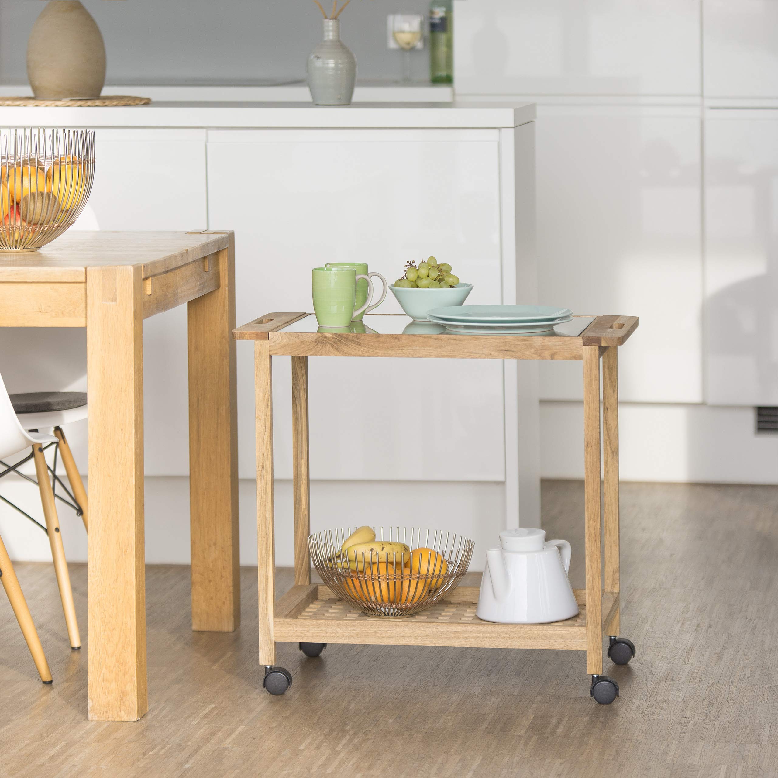 Relaxdays Carrello Portavivande Cucina, Legno di Noce, Carrellino con Ruote, Piano in Vetro, 62x66x38 cm, Marrone Chiaro
