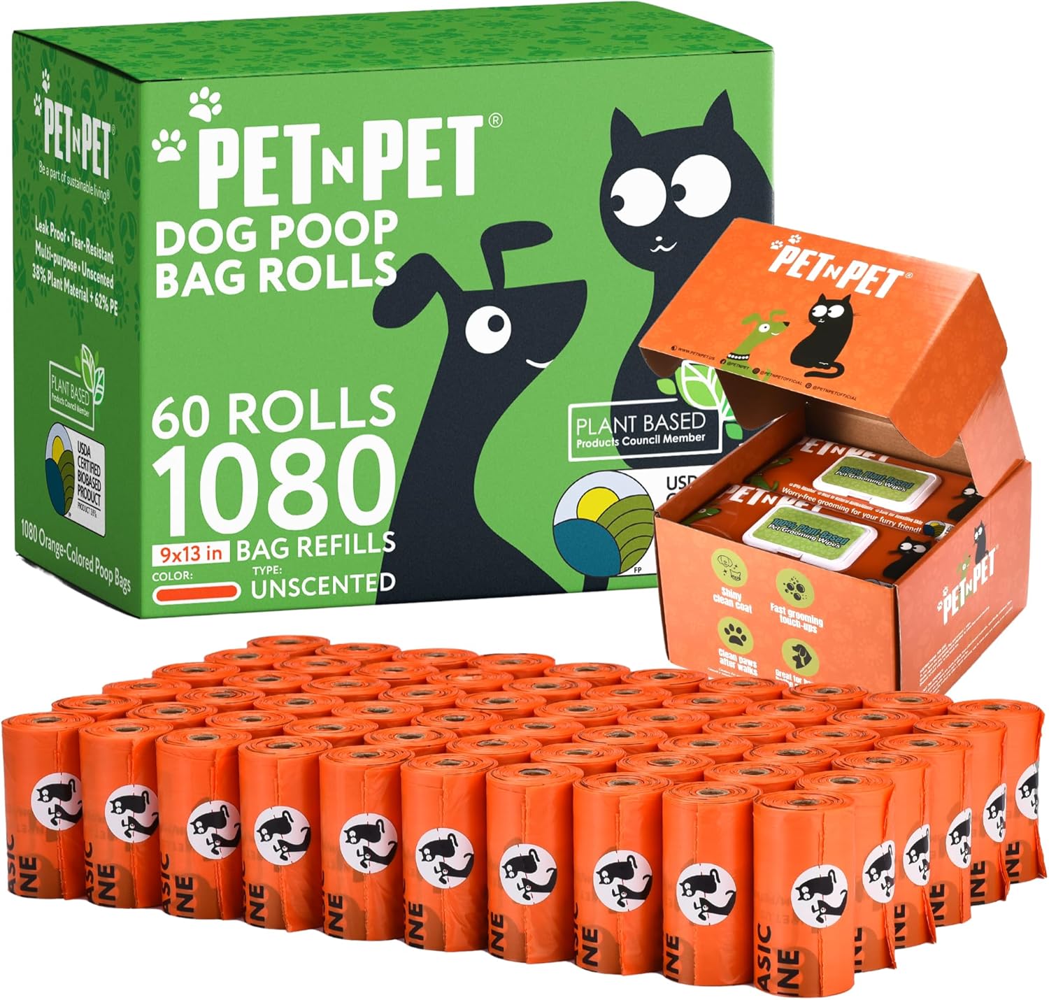 Pet N Pet 1080 Counts Orange Poop Bags for Dogs, 38% Plant Based & 62% PE + 100% Plant Based Dog Wipes for Paws and Butt, 400 Counts Dog Pet Wipes, Hypoallergenic Unscented Dog Wipes
