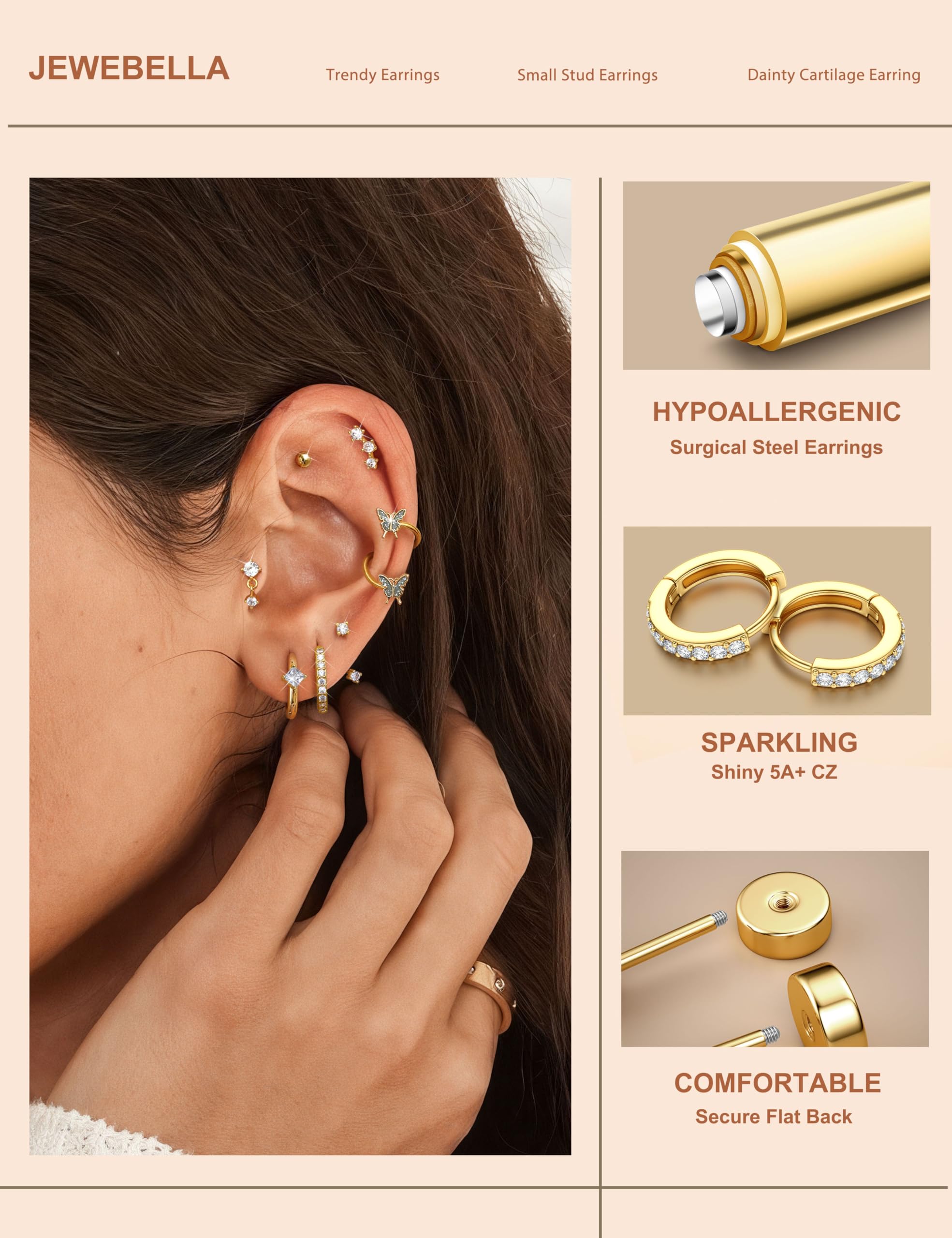 HMJGDHX 12 sztuk Helix Piercing biżuteria srebrne złote kolczyki dla kobiet chirurgiczne stalowe kolczyki z płaskim tyłem Rook Daith Conch Tragus Piercing biżuteria małe Helix Hoop kolczyki na