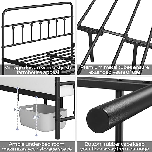 Miniatura 4 de Yaheetech - Base de cama metálica clásica con somier, cabecera y estribo de estilo victoriano, almacenamiento debajo de la cama, no necesita somier,