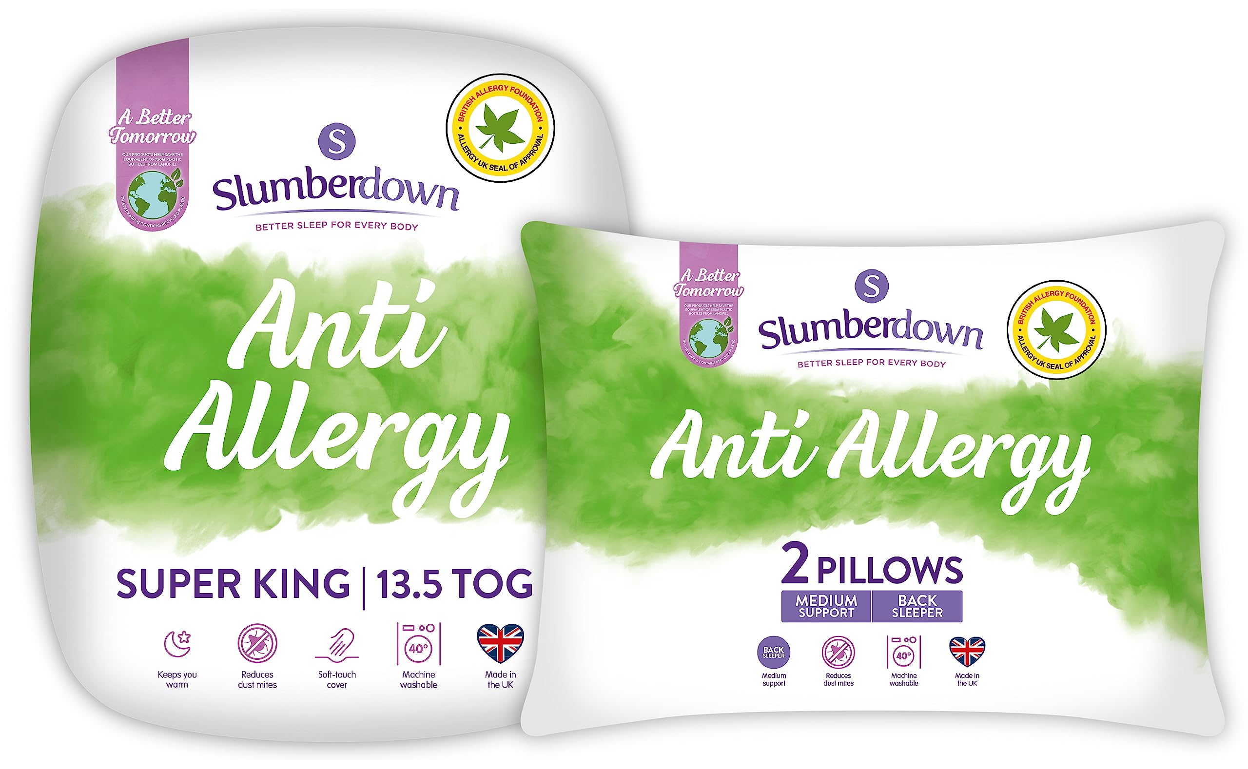 Slumberdown White Anti Allergy Super King Duvet - 13.5 Tog Warm Winter Quilt Ideal For Cold & Chilly Nights, 2 Medium Pillows - Anti Bacterial, Soft Touch Cover, Machine Washable, (260Cm X 220Cm) Medium