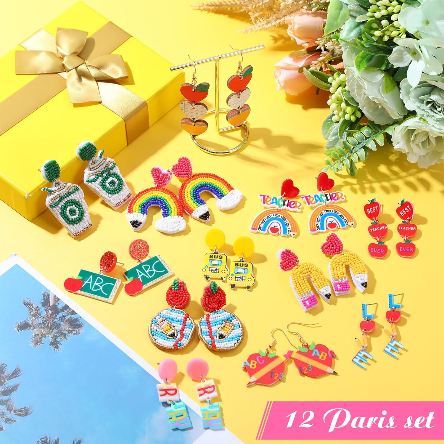 Batiyeer 12 Pairs Teacher Earrings for Women Pencil Earrings Gifts Teacher Appreciation Gifts Artist Painter Creative Rainbow Love Heart Acrylic Dangle Set - Image 6