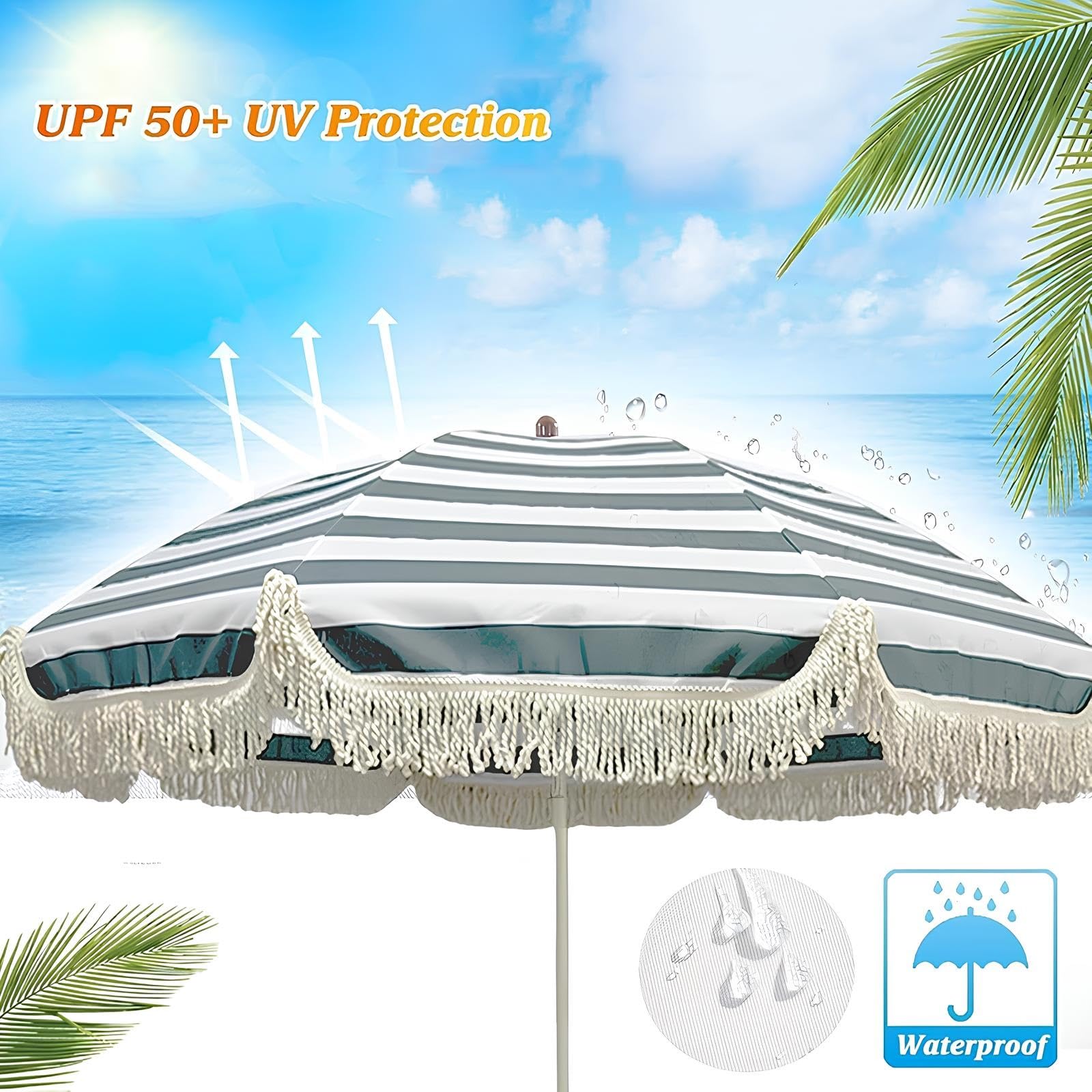 Ombrellone da Spiaggia Antivento Resistente, Righe Blue Bianche Ombrellone da Giardino Rotondo Ø 180 cm con Frange,Tenda da Spiaggia Portatile, Include Borsa Portatile