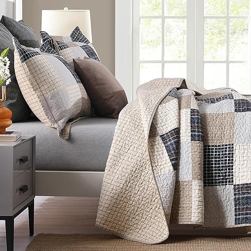 Vista 3 de Y-PLWOMEN Edredón tamaño Queen, 100 % algodón, edredón de retazos marrón a cuadros, colcha ligera tamaño Queen, suave, transpirable, para todas