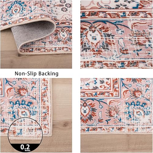 Miniatura 5 de YOEGE Alfombra bohemia de 5 x 7 pies, lavable, antideslizante, alfombra suave para sala de estar, dormitorio, cocina, comedor, rosaazul marino