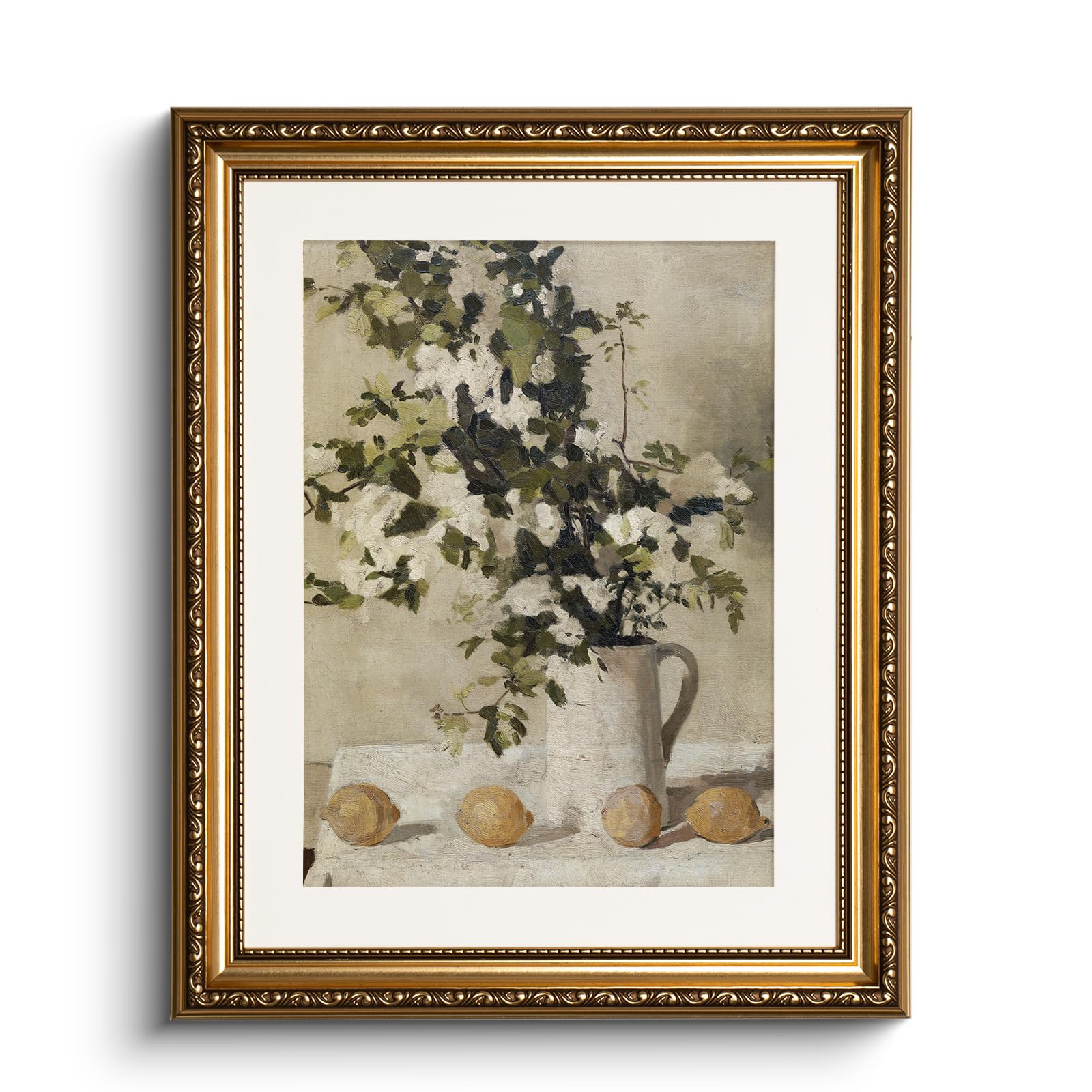 HUARCEY Toile murale vintage encadrée dorée, images florales de fleurs et citrons – Impressions sur toile avec cadre antique – Peintures de ferme – 33 x 40,6 cm