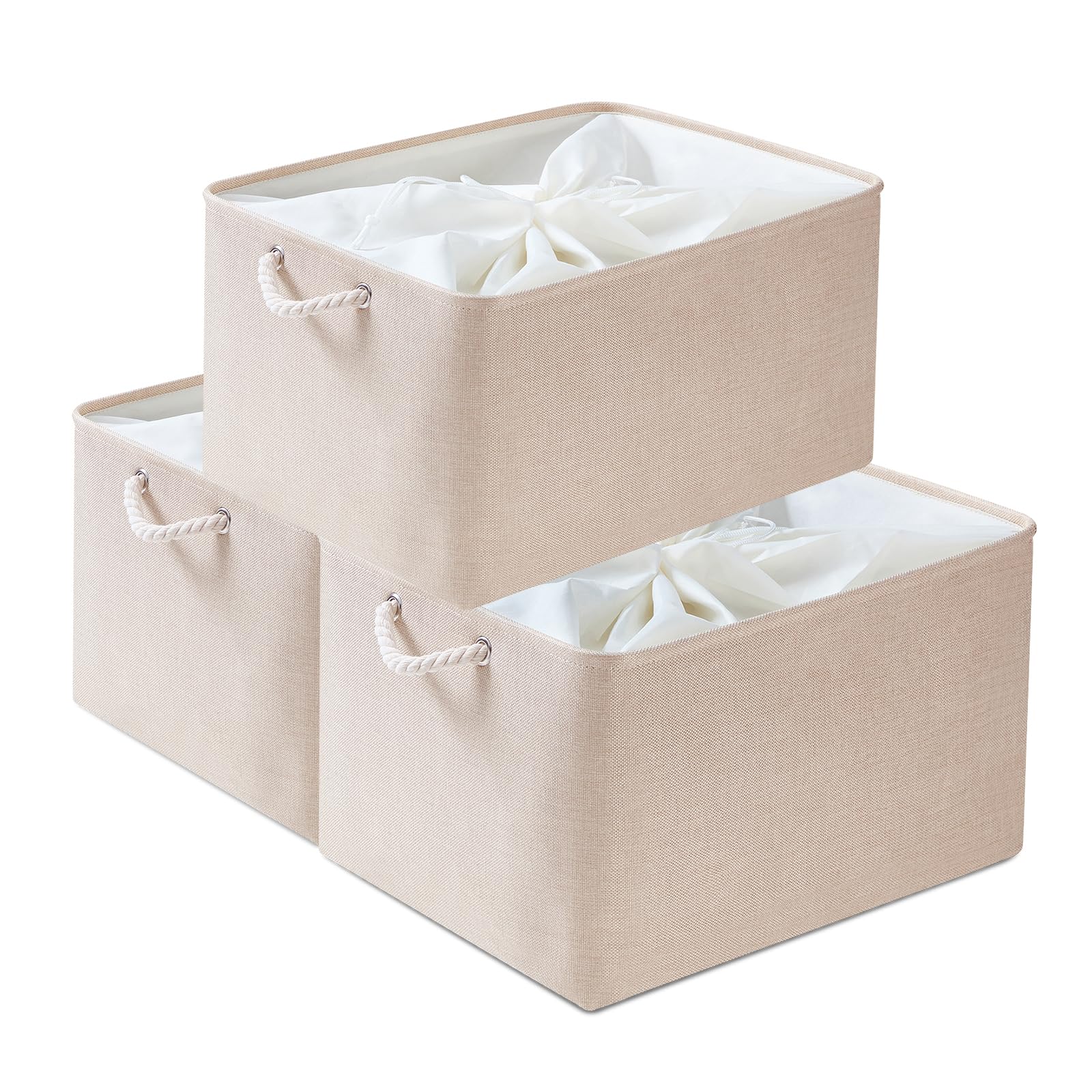 Mangata Fabric Storage Boxes, Storage Baskets for Shelves, 3 Pack (Light Khaki, XXL)