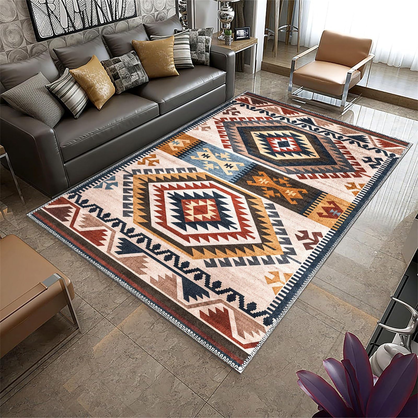 Washable Rugs 180x260cm Area Rugs, Large Non-Slip Boho Living Room Colored Rug, Ultra Soft Vintage Print Distressed Oriental Tribal Farmhouse Carpet for Dining Room Bedroom Dorm Office Home Decor