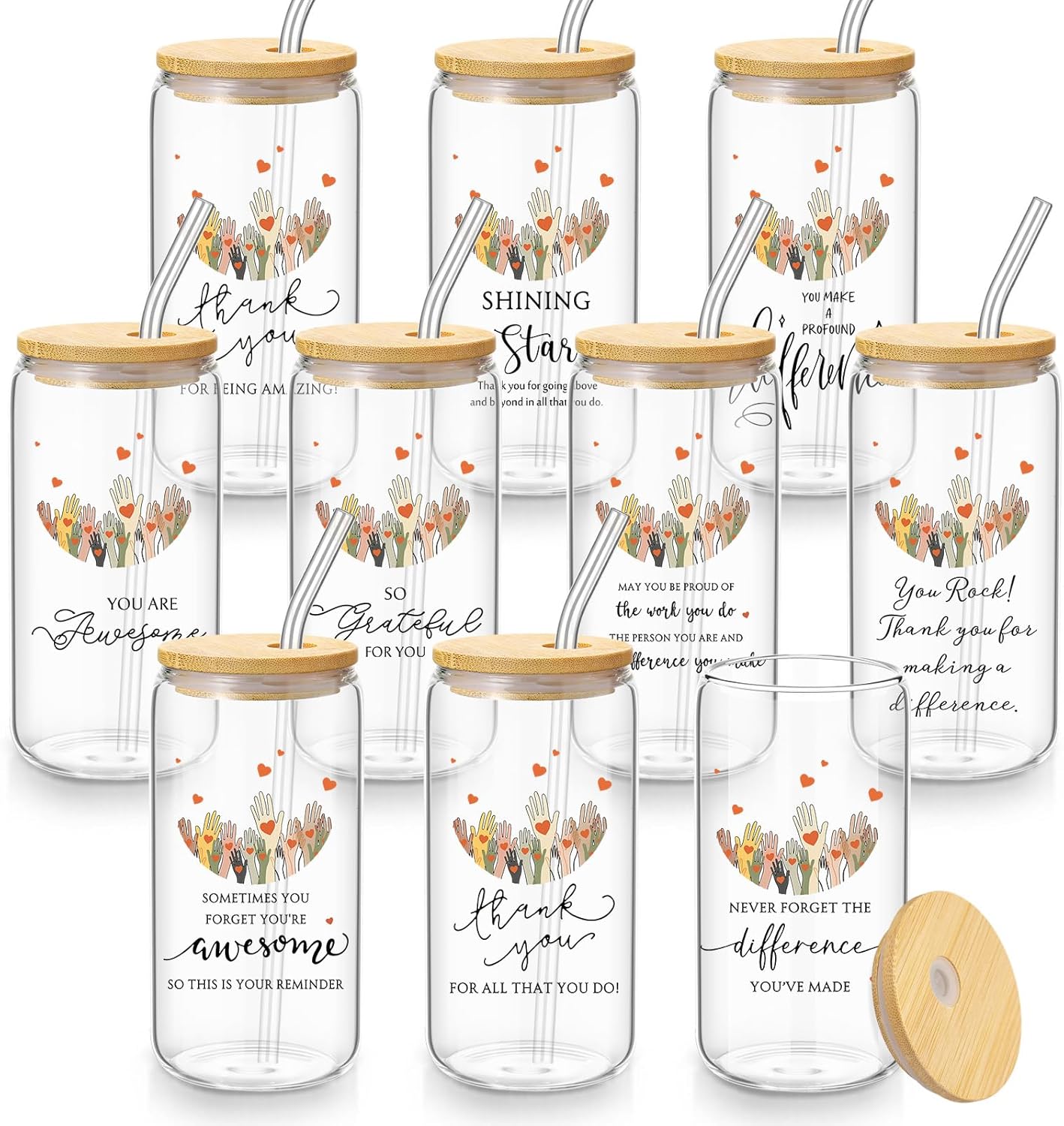 LemonRoad 10 Pcs Volunteer Appreciation Month Gifts 16oz Drinking Glasses with Lids and Straw Thank You Cups Gifts for Volunteer Employees Staff Coworkers Office