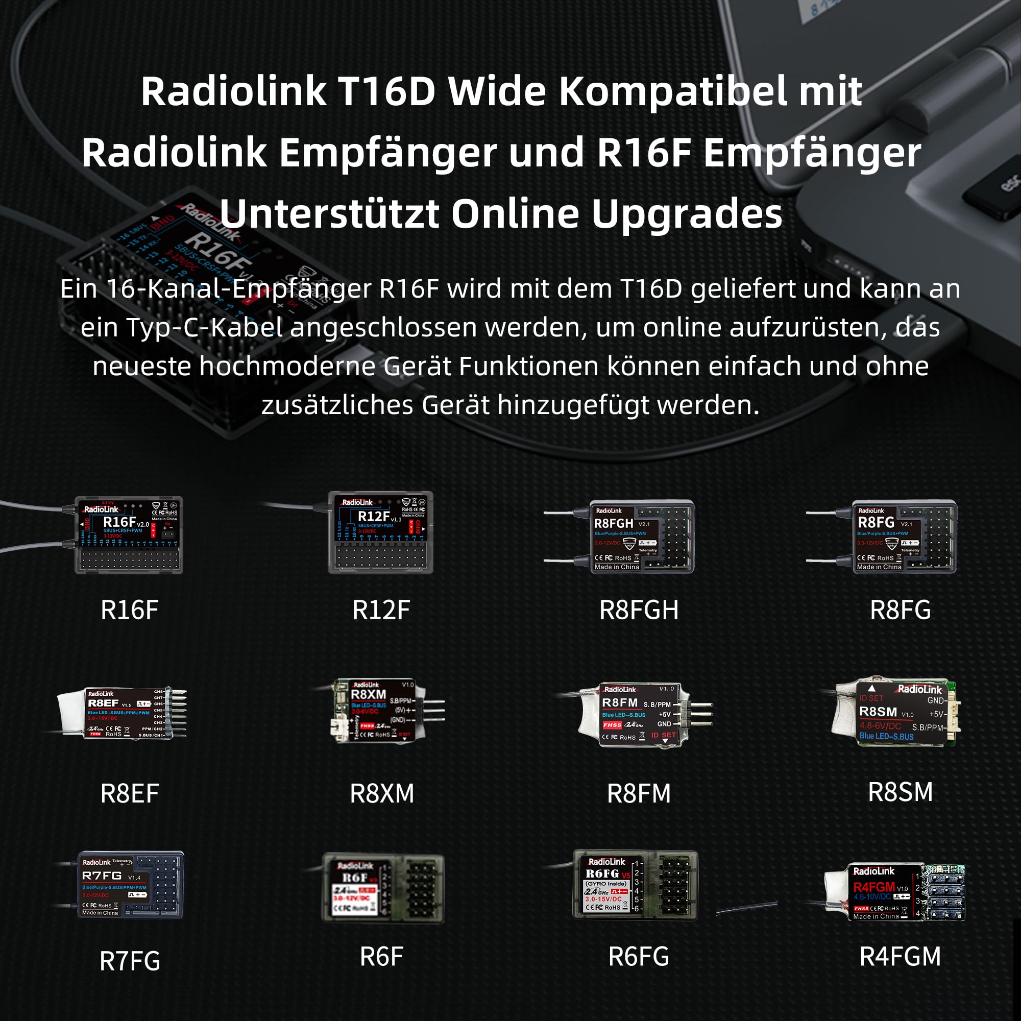 Radiolink T16D 16CH 2.4G RC Sender und R16F Empfänger | ELRS, Crossfire Module, Benutzerdefinierter Sprachübertragung, 100 Modelle, für RC-Flugzeuge, Drohnen, Autos und Boote