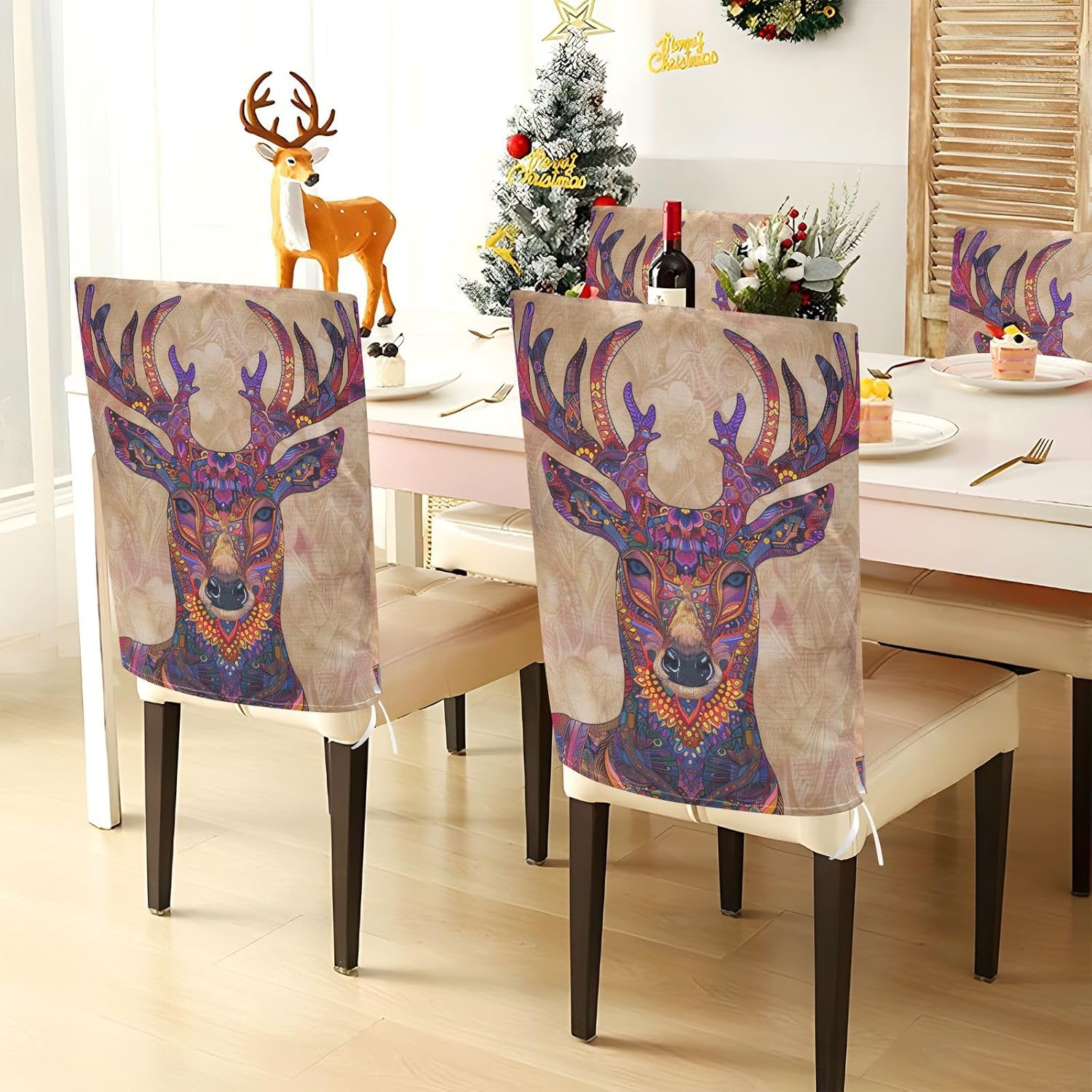 ALAZA Boho Deer Chair Back Cover Set of 6, Washable Reusable Removable Chair Slipcovers Decorative Chair Cover for Home Kitchen Wedding Party