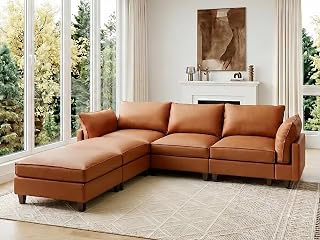 Modular Sectional Couch, Oversized Cloud Couch with 25" Deep Seats, Leather Cat-Friendly Scratch-Resistant 5-Seat L-Shaped Sofa for Living Room Family Movie Nights,Easy to Assemble