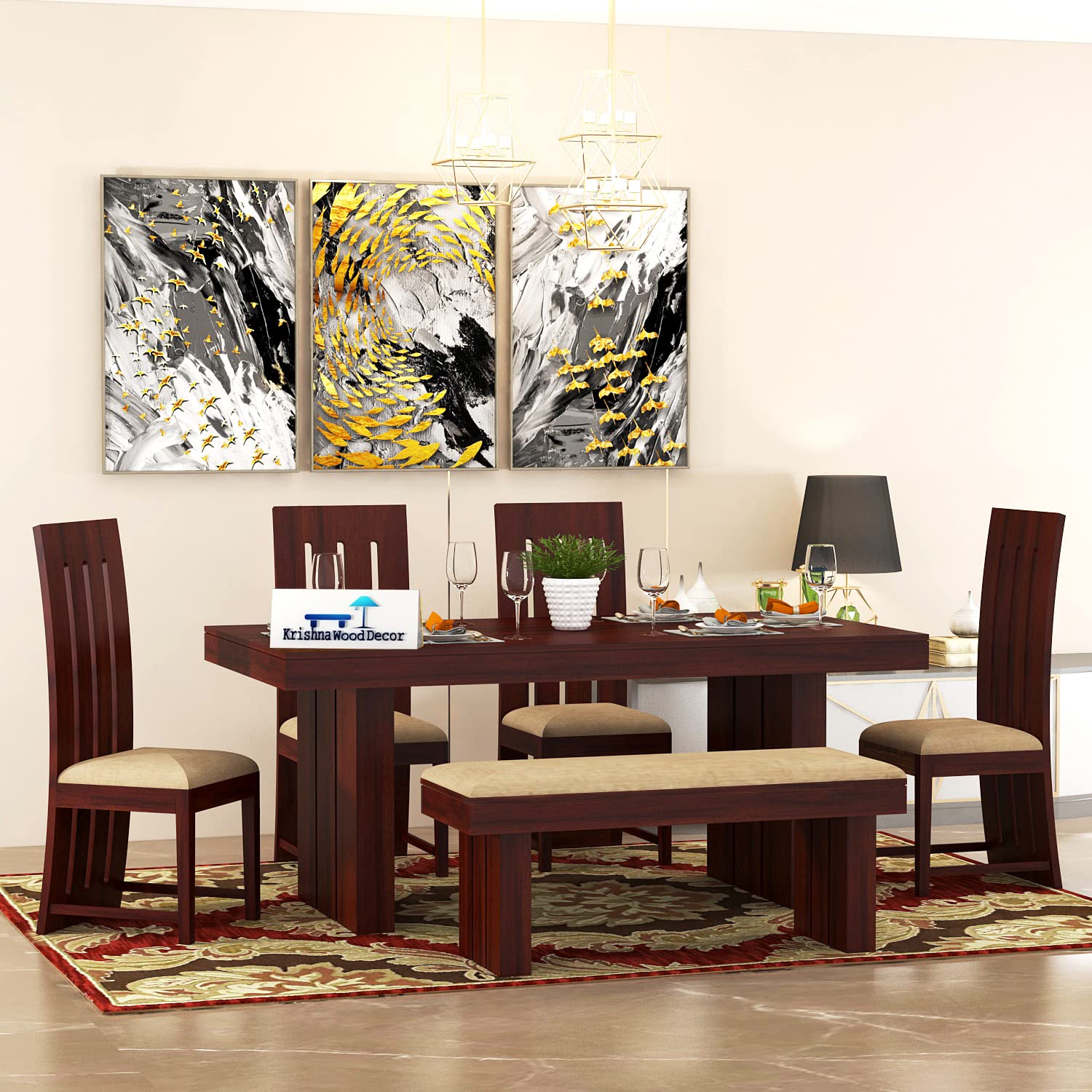 Krishna Wood Decor Dining Table 6 Seater with Chair | 6 Seater Dining ...