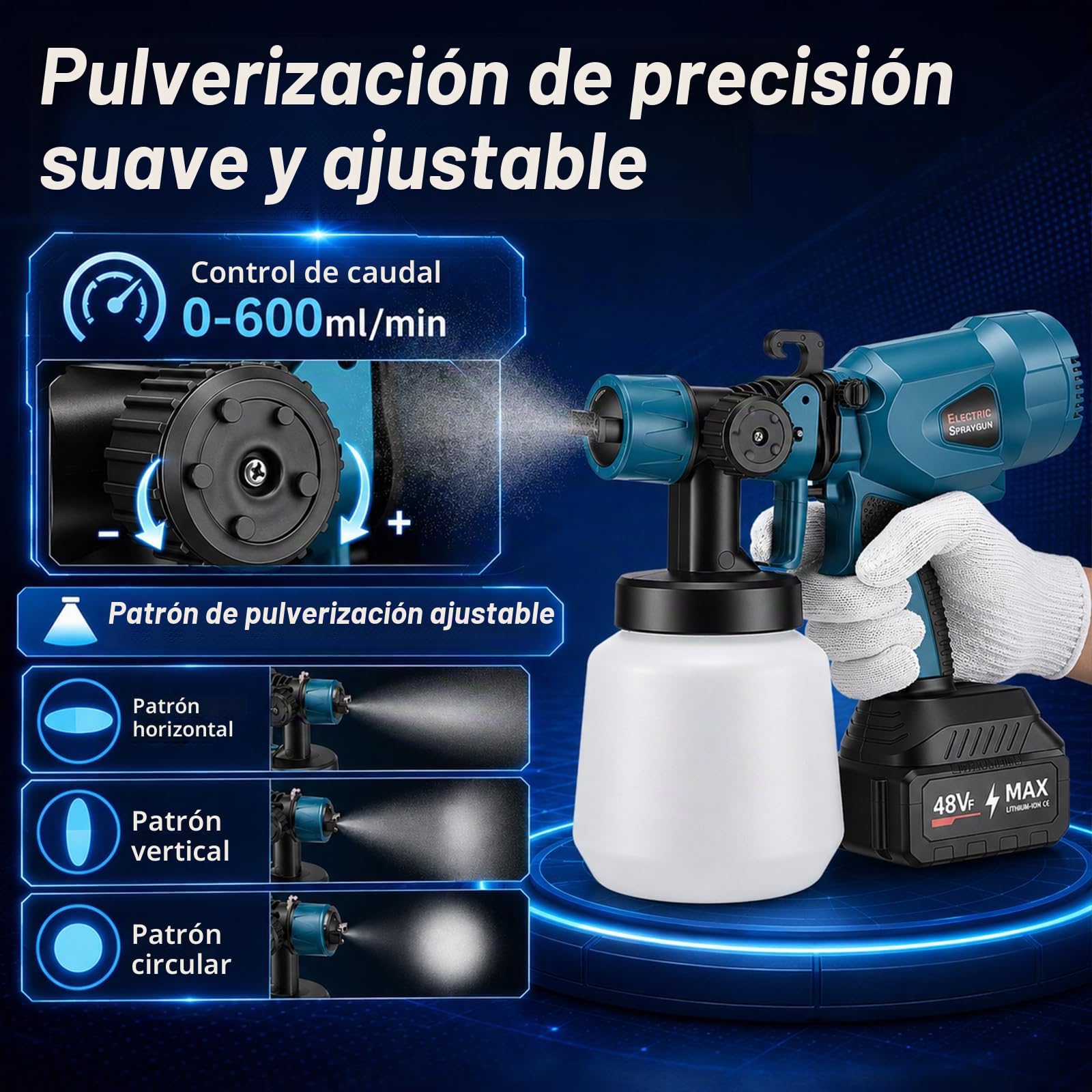 Pistola Pintura Eléctrica,Pistola Pintura con Batería de 18 V, 1200 ml, pulverizador de Pintura con 5 boquillas y 3 Patrones de pulverización para Cercas, Paredes, Techos
