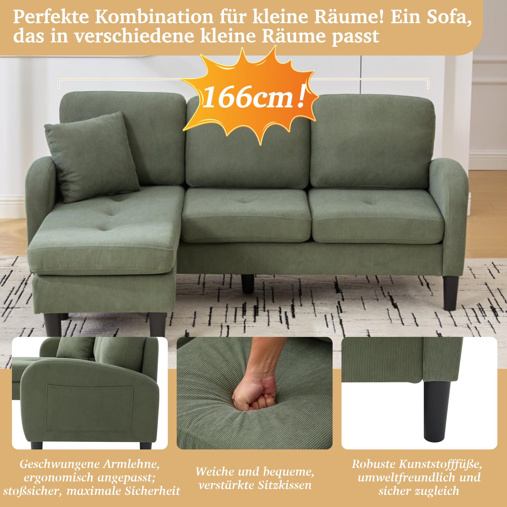 Sofá esquinero modular de 3 plazas con chaise longue en forma de L, sofá con función de dormir, sofá de lino de algodón transpirable, patas de plástico, ideal para salón, apartamento y oficina