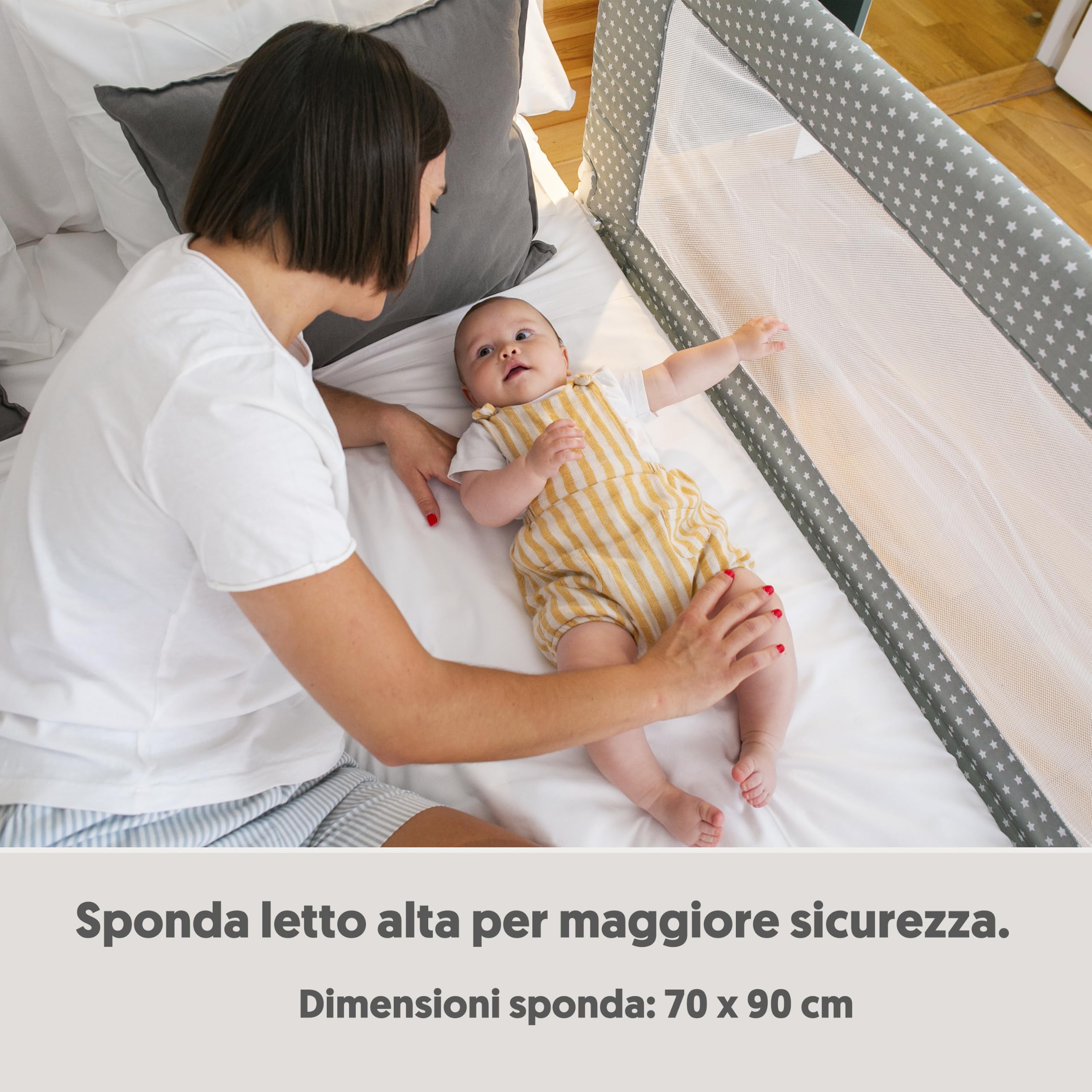 Interbaby Sponda Letto Bambini Anticaduta Alta Pieghevole 150cm Gr. Stella | Barriera con rete traspirante, si fissa sotto il materasso. Sfoderabile e lavabile. Matrimoniale e singolo, 18 mesi-5 anni