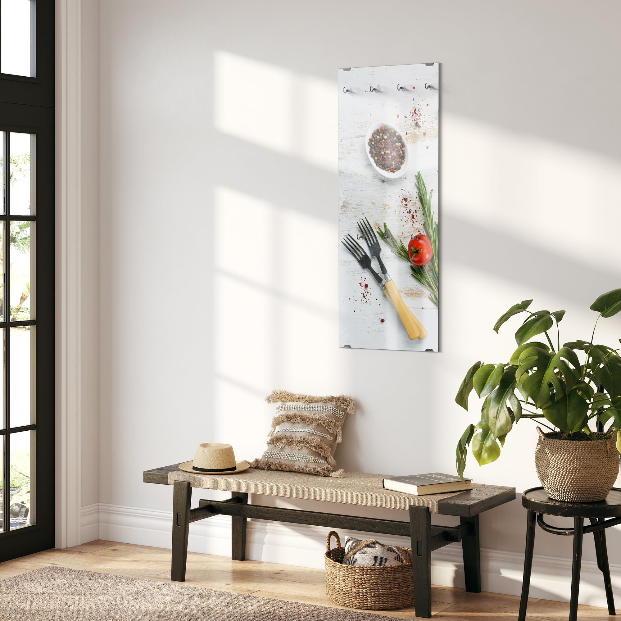 DEQORI Kleiderhaken aus Glas mit Motivdruck | Design vertikal, 50x125 cm | Motiv Küchenkräuter und Gewürze | ESG-Sicherheitsglas mit 7 Haken – beschreibbar & montagefreundlich – pflegeleicht