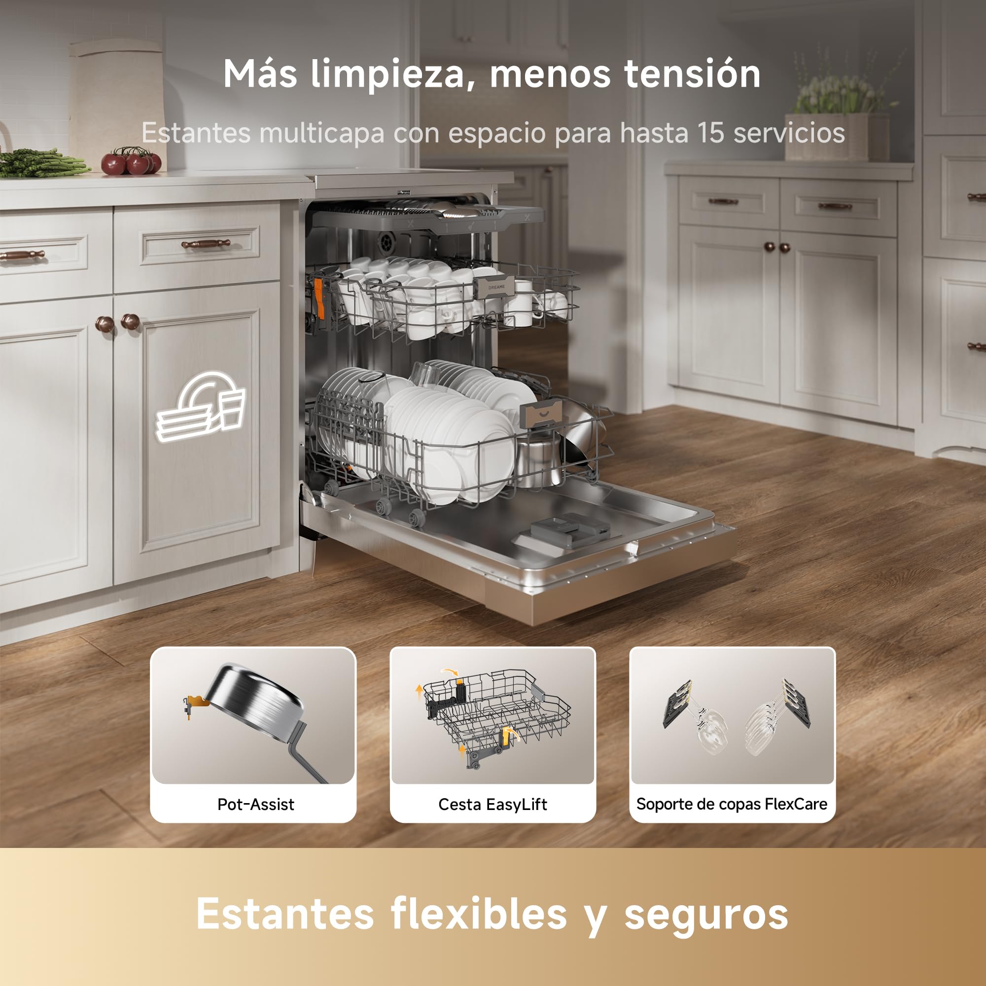 DREAME DK501 Pro Lavavajillas Totalmente Integrable 60cm, 15 Cubiertos | Aplicación Inteligente, Brazo de Rociado FlexWing, Sistema de Lavado HydraFlow de 360°, Lavado a Alta Temperatura de 75°C