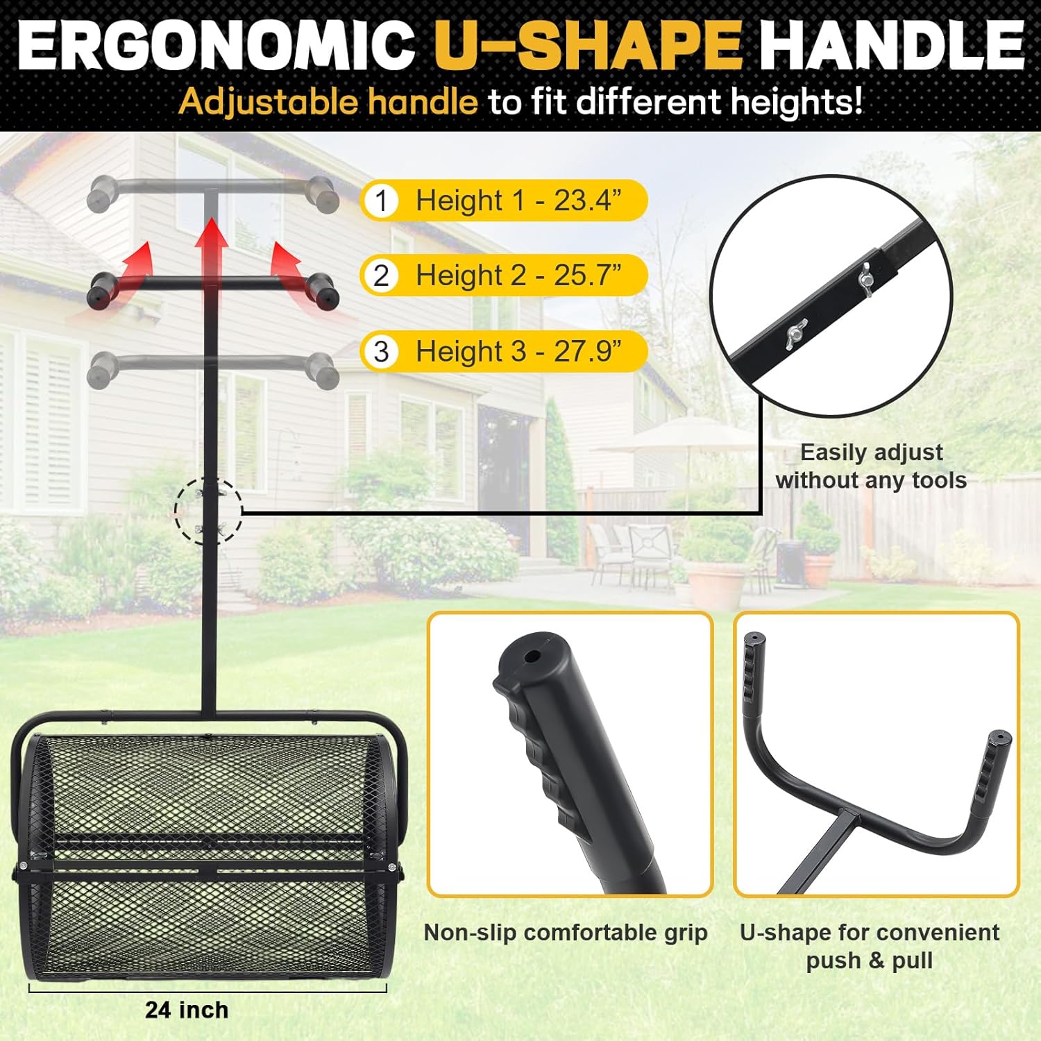 Compost Spreader, 24 inch Peat Moss Spreader with Adjustable U-Shaped Handle, Heavy Duty Metal Fertilizer Spreader Roller for Lawn Top Soil, Top Dressing, Seedling, Mulch, Manure