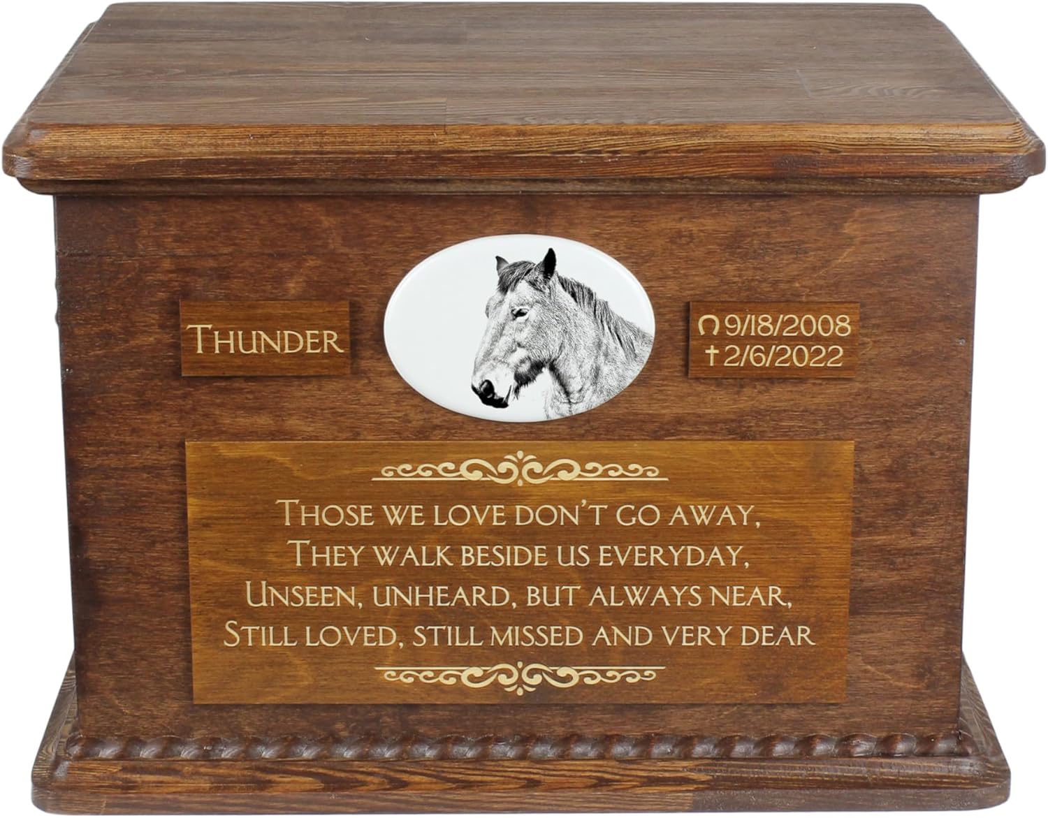Art-Dog Big Urn for Horse Ashes - Handmade Memorial with Photo - Personalized Custom Horse Urn with Brass Handles and Ceramic Plaque - 15.7x11.8x11” – Ardennes Horse