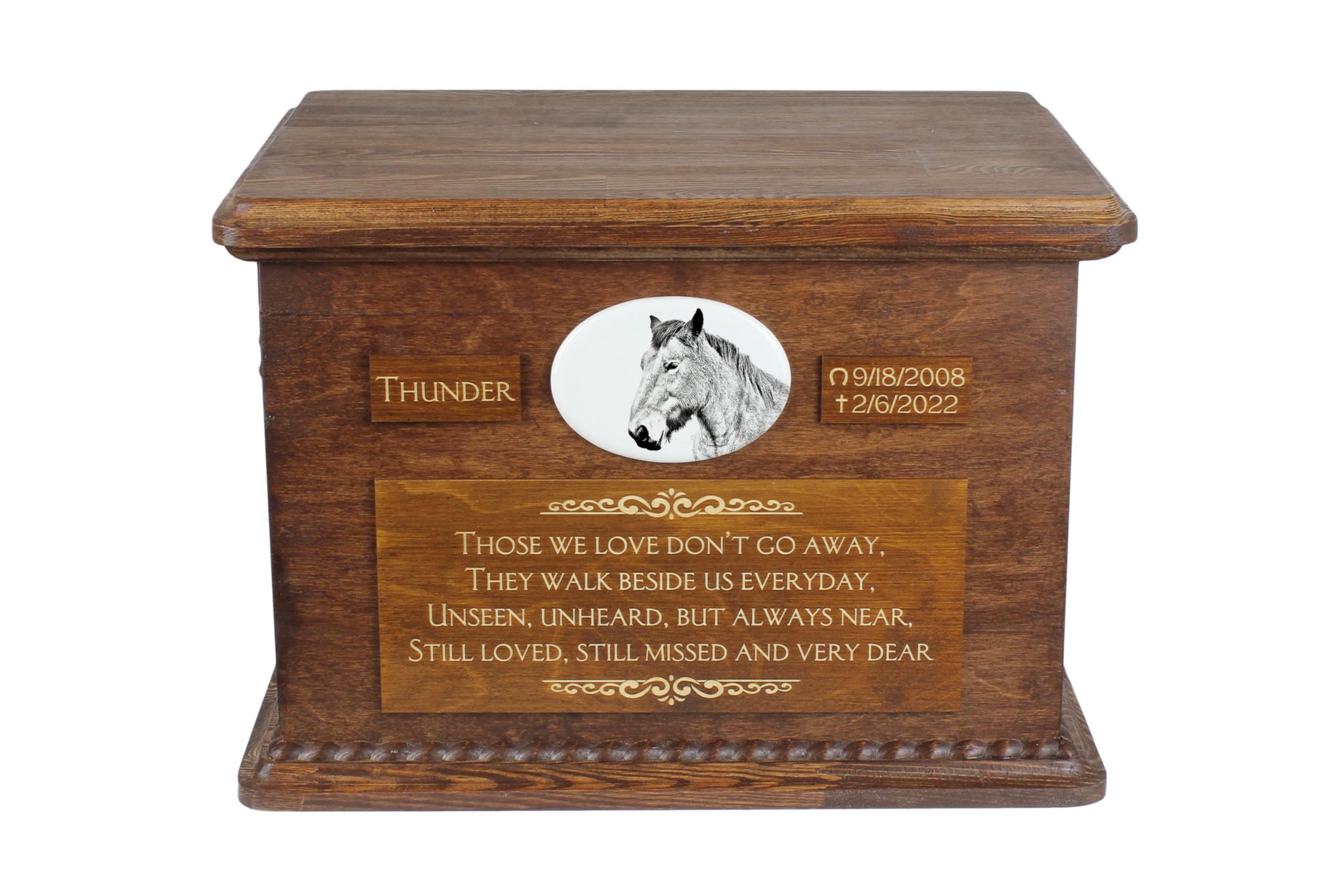 Urne pour cendres de cheval Art-Dog en bois fait main avec plaque céramique