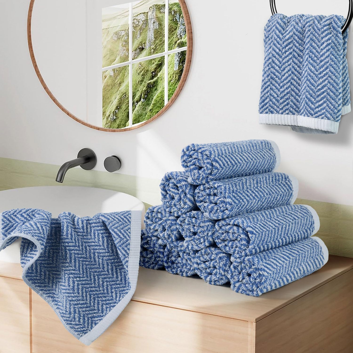Cleanbear Wash Cloths for Your Face and Body, 12 Washcloths for Showering with Decorative Herringbone Stripes, 100% Cotton, Light Blue, 13 x 13 Inches