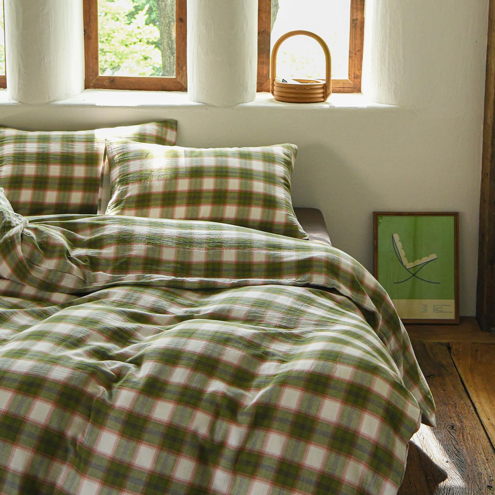 EAVD Vintage Gingham Duvet Cover King Pink&amp;Green Grid Plaid Bedding Set