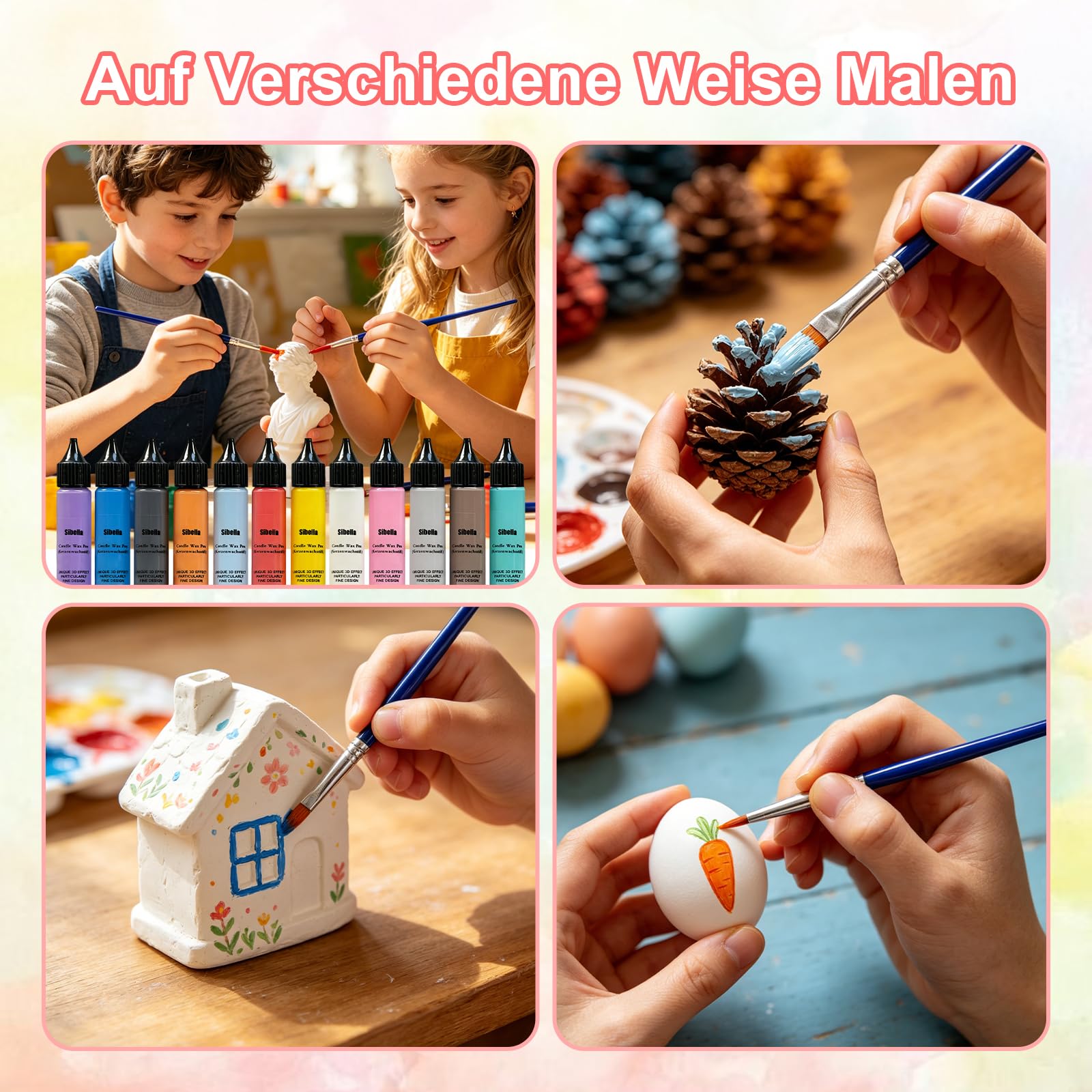12 Stück Wachsstifte für Kerzen, Kerzenstifte 10 ml, mit vorgestanzten Aufklebern und Schwammwerkzeugen, Kerzen Bemalen Set Stifte für Dekorieren und Gestalten von Stoff, Holz, Keramik