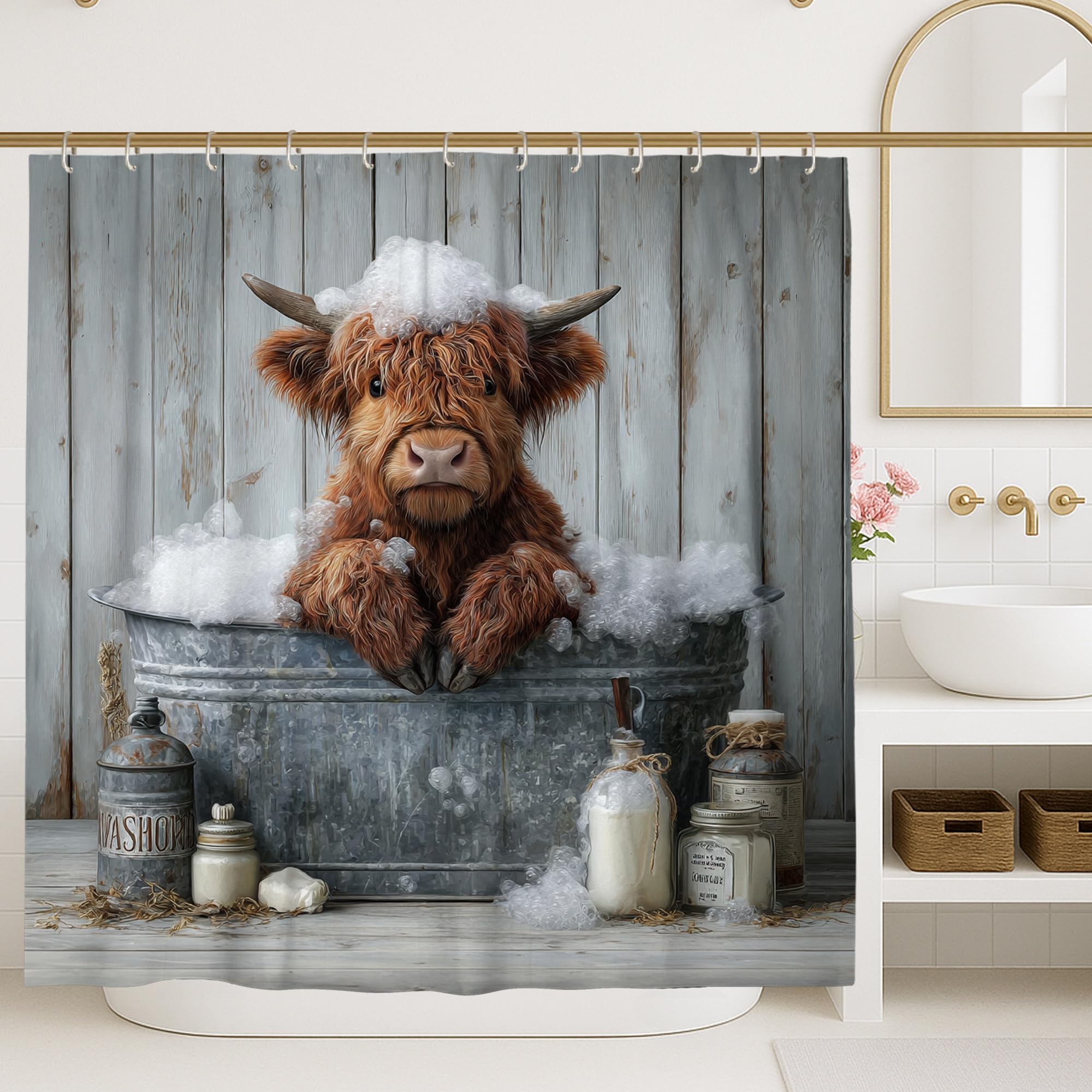 Highland Cow Shower Curtain, Rustic Farmhouse Bubbles Metal Tub None Brown Waterproof Fabric Design Print Bath Curtains Decor for Bathroom Guest Room 72x78 Inch