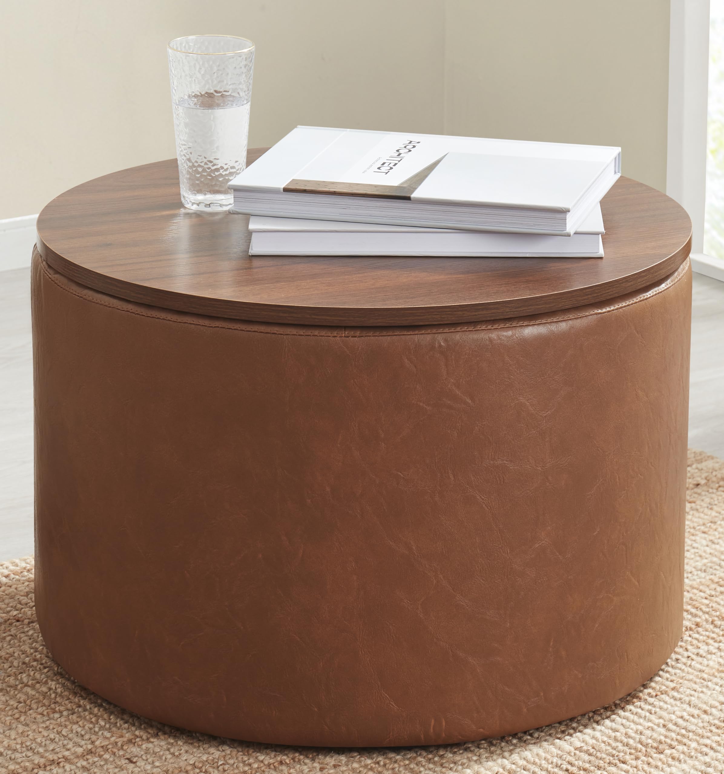 Ornavo Home 22 inch Large Round Ottoman Coffee Table Storage Ottoman with Wooden Lift Off Lid, Ottoman with Storage for Living Room, Bedroom and Office, Faux Leather Mocha