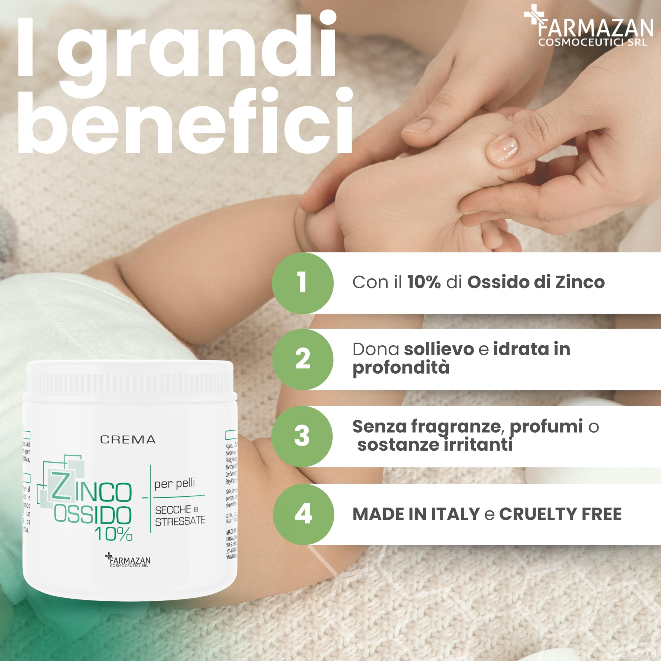 Crema Ossido di Zinco 10% 500ml Protettiva Lenitiva Idratante Senza Profumo Olio di Mandorla e Ricino Cambio Pannolino Pelli Delicate Made in Italy