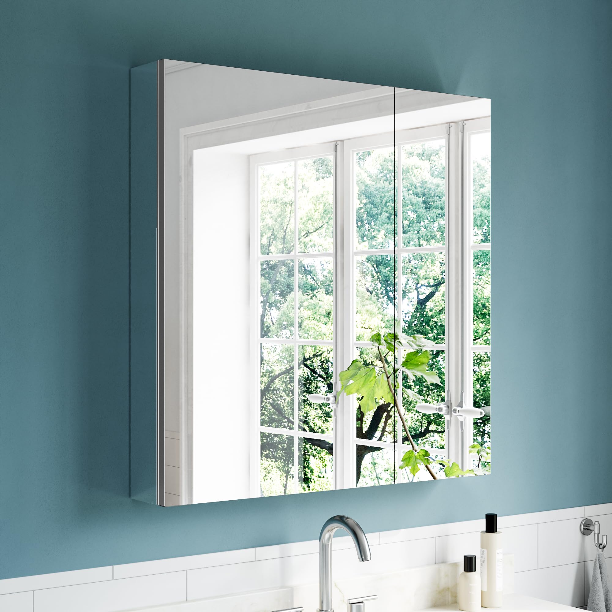 Liimsefy 30"x30" Medicine Cabinet Mirror, Aluminum Silver Recessed Medicine Cabinet with Mirror, Surface Mount Medicine Cabinets for Bathroom with 3