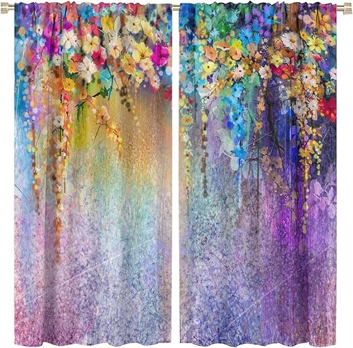 Miniatura 477 de Retro 70s Floral Blackout Window Curtains, Watercolor Flower Plant Rustic Modern Style Pattern Window Drapes, for Bedroom Living Room 42x45in 2