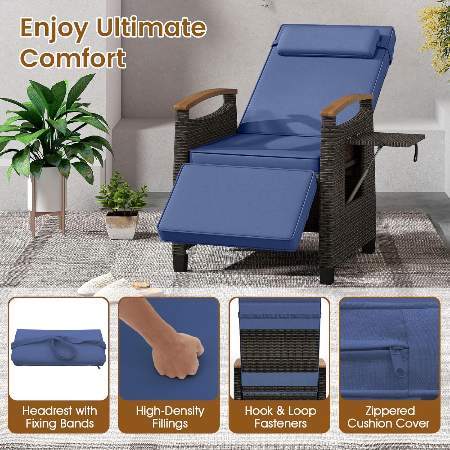 LDAILY Moccha Wicker Outdoor Recliner Chair - Rattan Lounge Chair with Adjustable Backrest & Footrest, Flip Side Table, Cushion, Push Back Reclining Seat for Pool Yard Patio Porch Balcony (Navy)