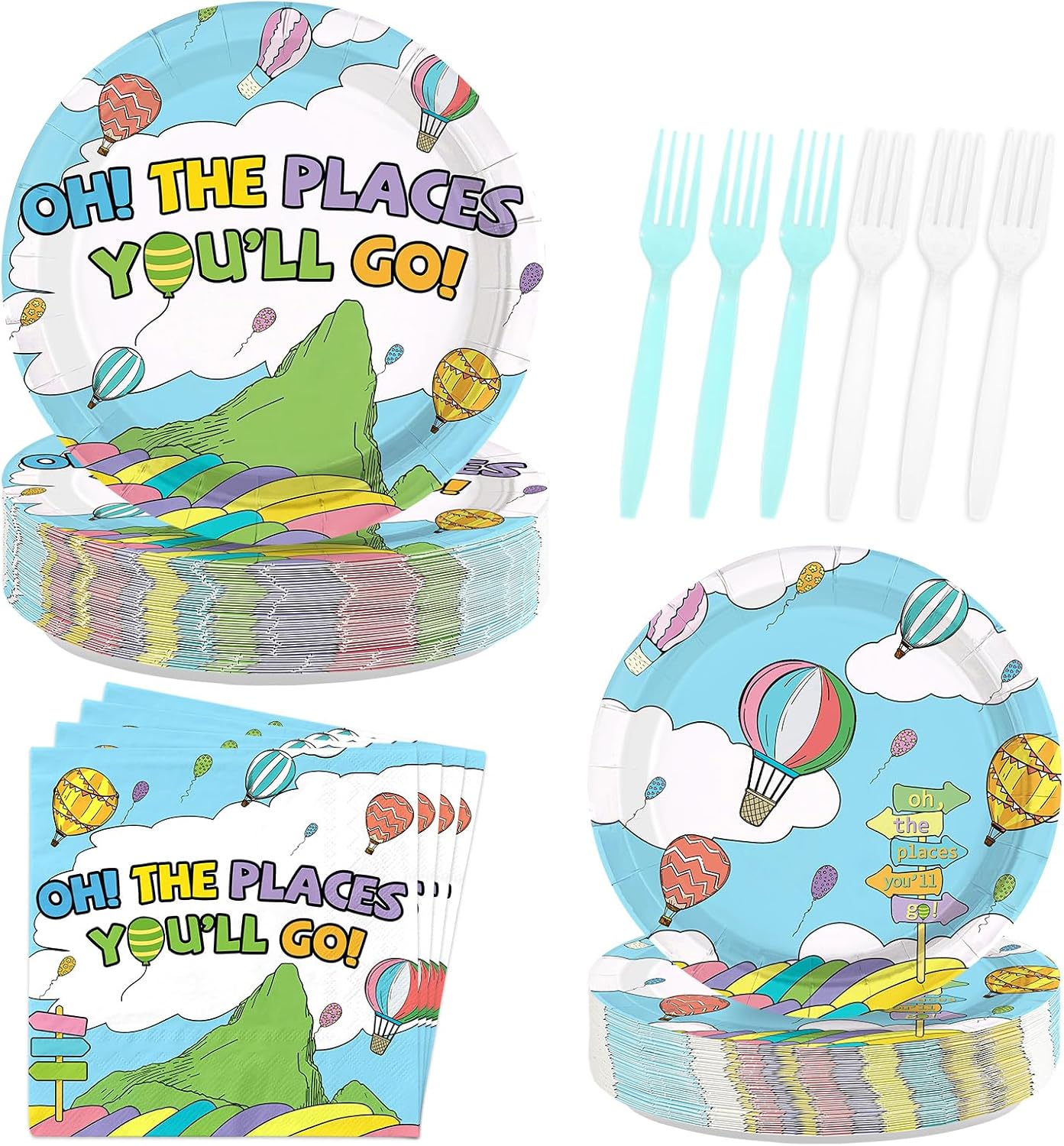 200 Pcs The Places You'll Go Party Supplies Graduation Plates and Napkins Oh The New Places You'll Go Tableware Set for Girls Boys Kindergarten Preschool Graduation Party Supplies, Serves 50