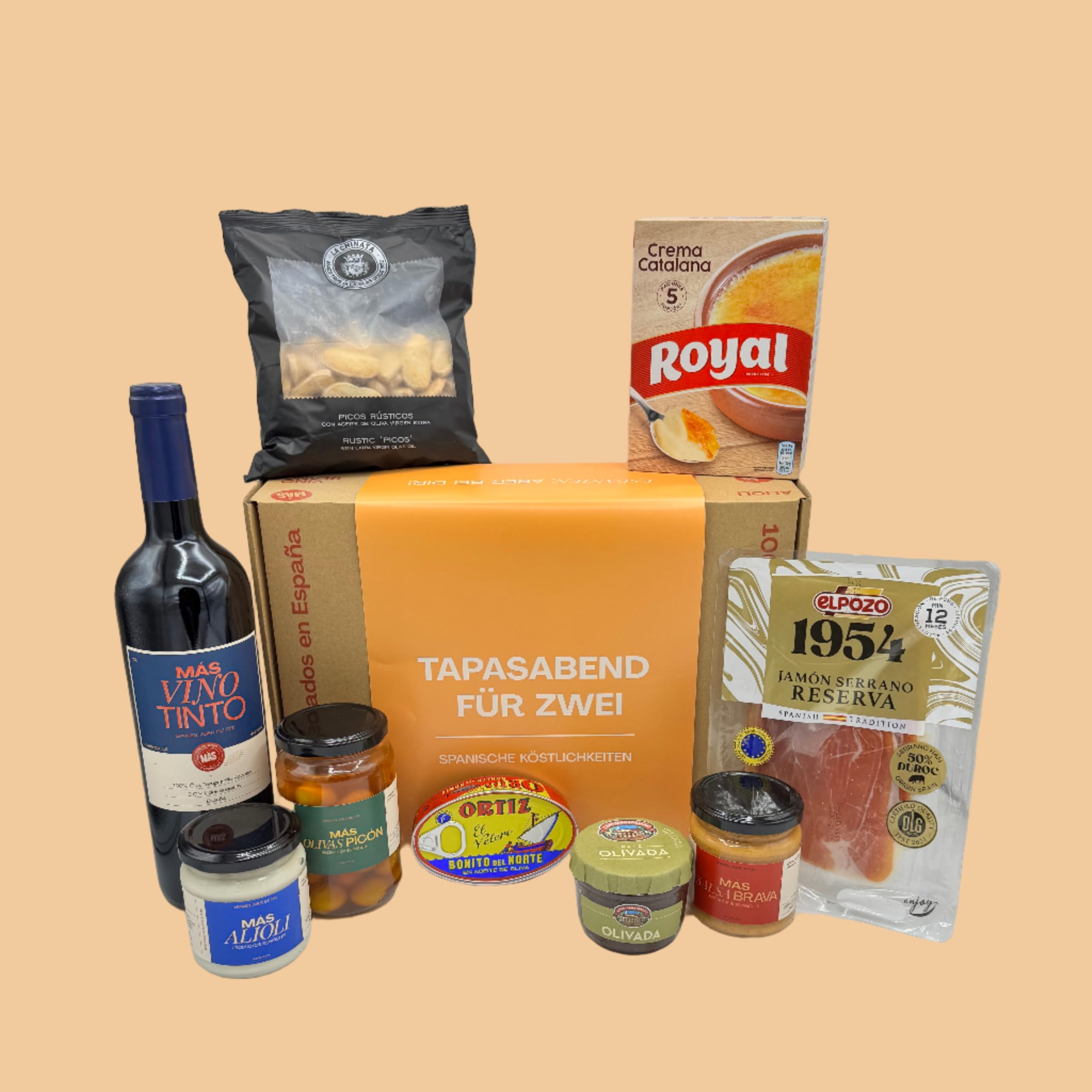MAS PRODUCTOS Tapas Abend für Zwei Spanischer Geschenkkorb Feinkost Präsentkorb mit Rotwein Serrano Schinken Bonito Thunfisch Alioli Salsa Brava & Crema Catalana Geschenkbox für Männer & Frauen