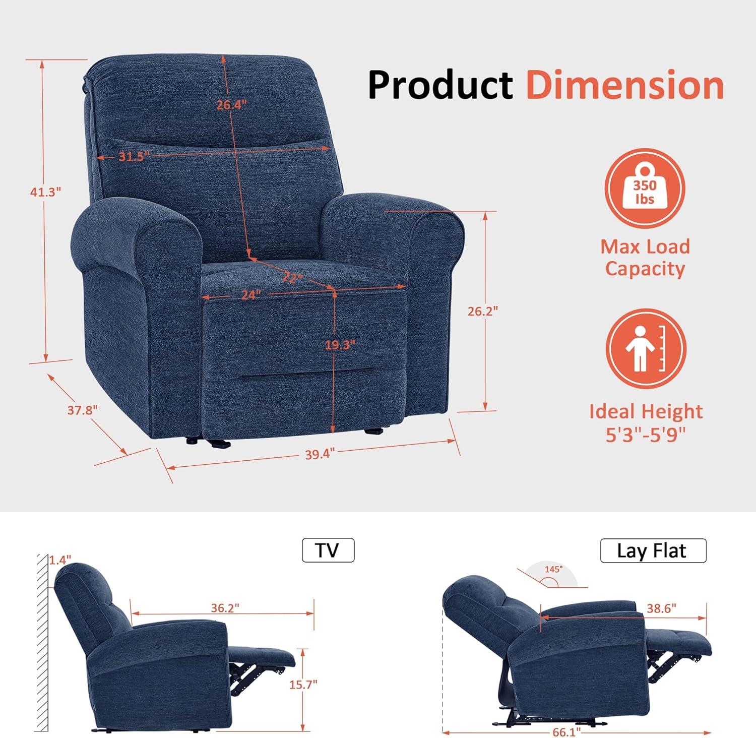 MCombo Power Wall Hugger Recliner Chair for Small Space RV Living Room, USB & USB-C Charging Ports, Modern Rolled Arm Recliner PR630 (Navy Blue, Medium)