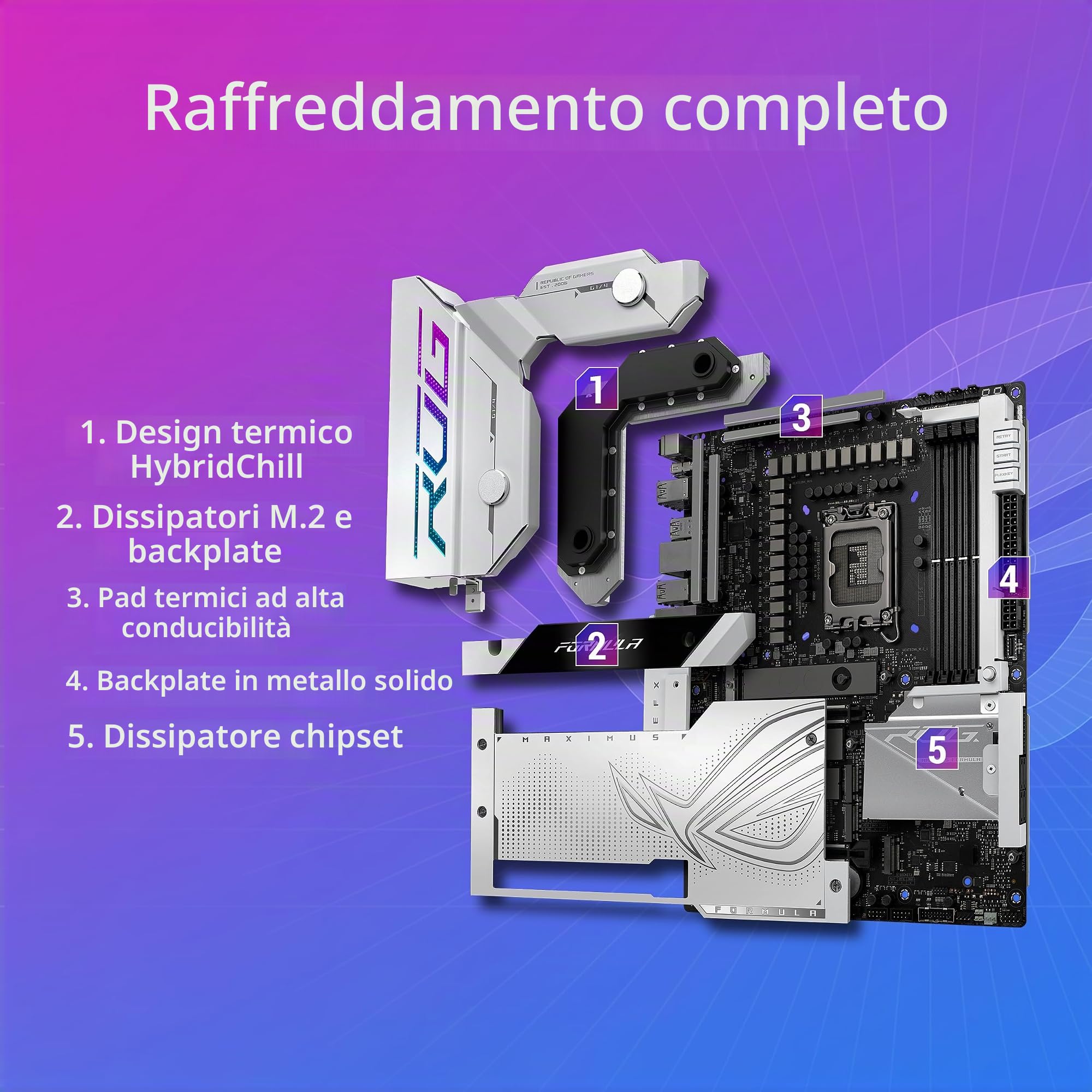ASUS ROG MAXIMUS Z790 FORMULA Scheda madre Intel LGA 1700, ATX DDR5, Intel Wi-Fi 7, 5 slot M.2, PCIe 5.0 NVMe SSD, 2 Thunderbolt 4, USB Type-C, AI Overclocking, Cooling II e Networking, Aura Sync RGB