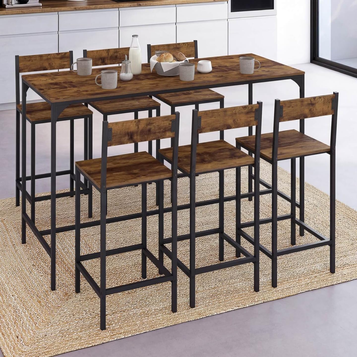 IDMarket - Mesa de bar y 6 taburetes DAYTON, de 150 cm de altura, con efecto envejecido, diseño industrial