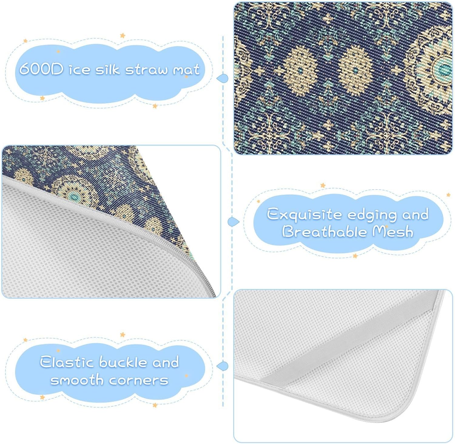 Baby Cooling Mat Baroque Floral Design Ice Silk Breathable Mesh Summer Crib Mattress Pad with Pillowcase, Soft Cooling Sleeping Surface for Infant & Toddler, 52"x28"